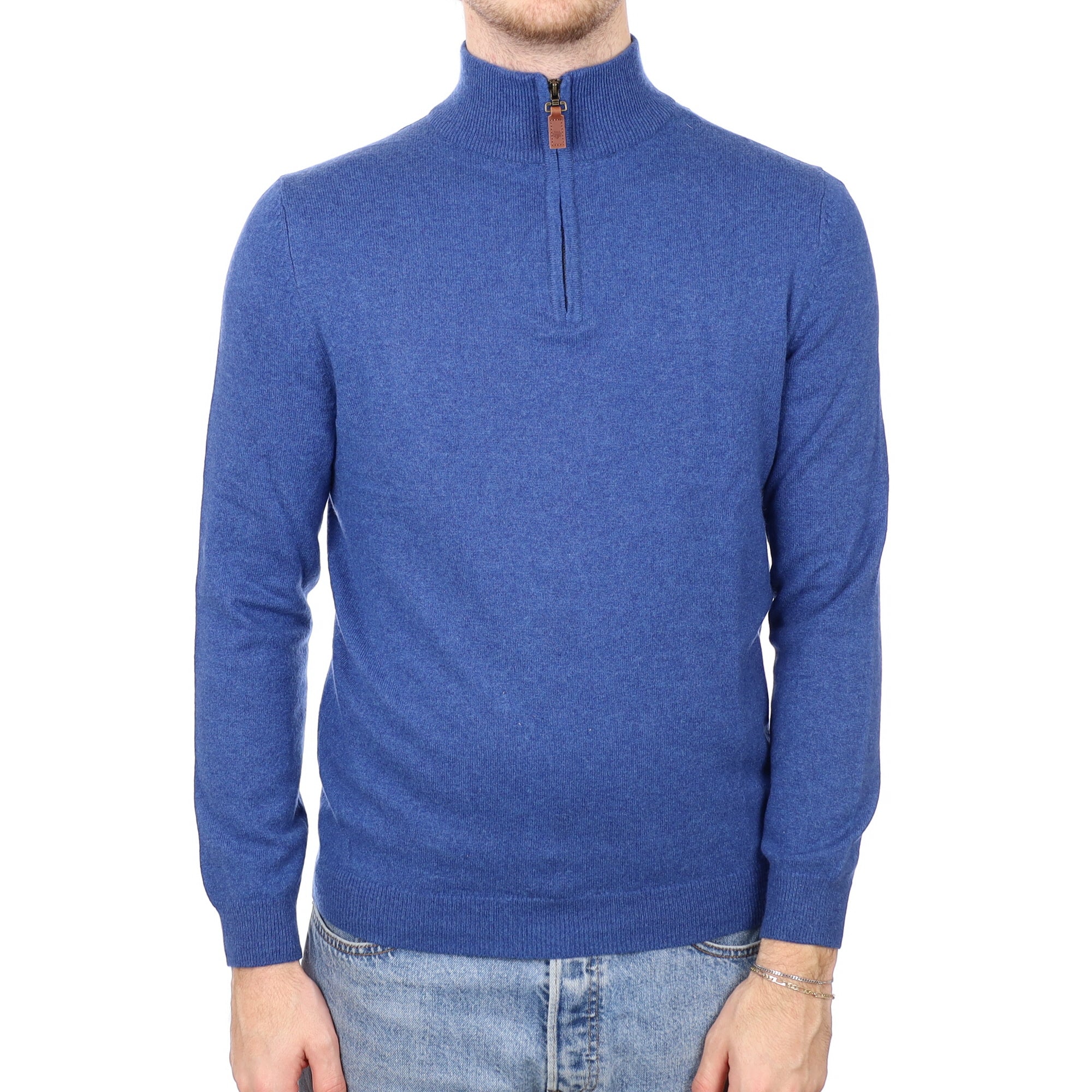 Men's Denim Blue Cashmere Quarter Zip Jumper Medium