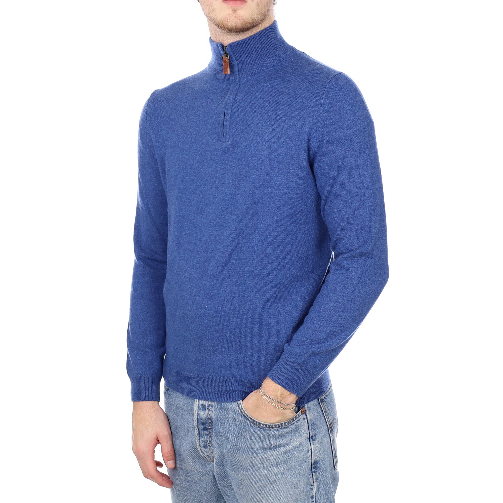 Men's Denim Blue Cashmere Quarter Zip Jumper Medium