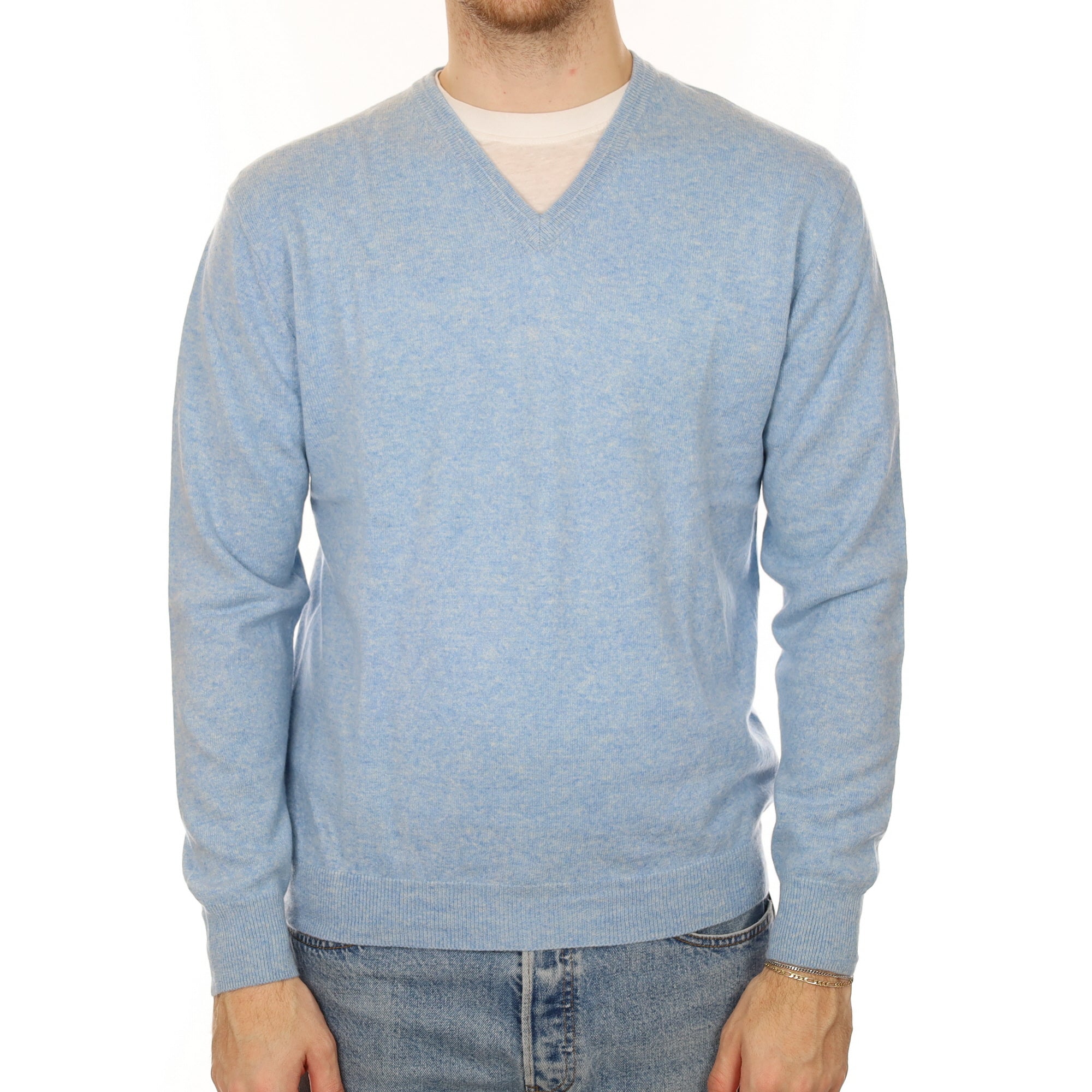 Men's Opal Blue Cashmere V Neck Jumper Medium