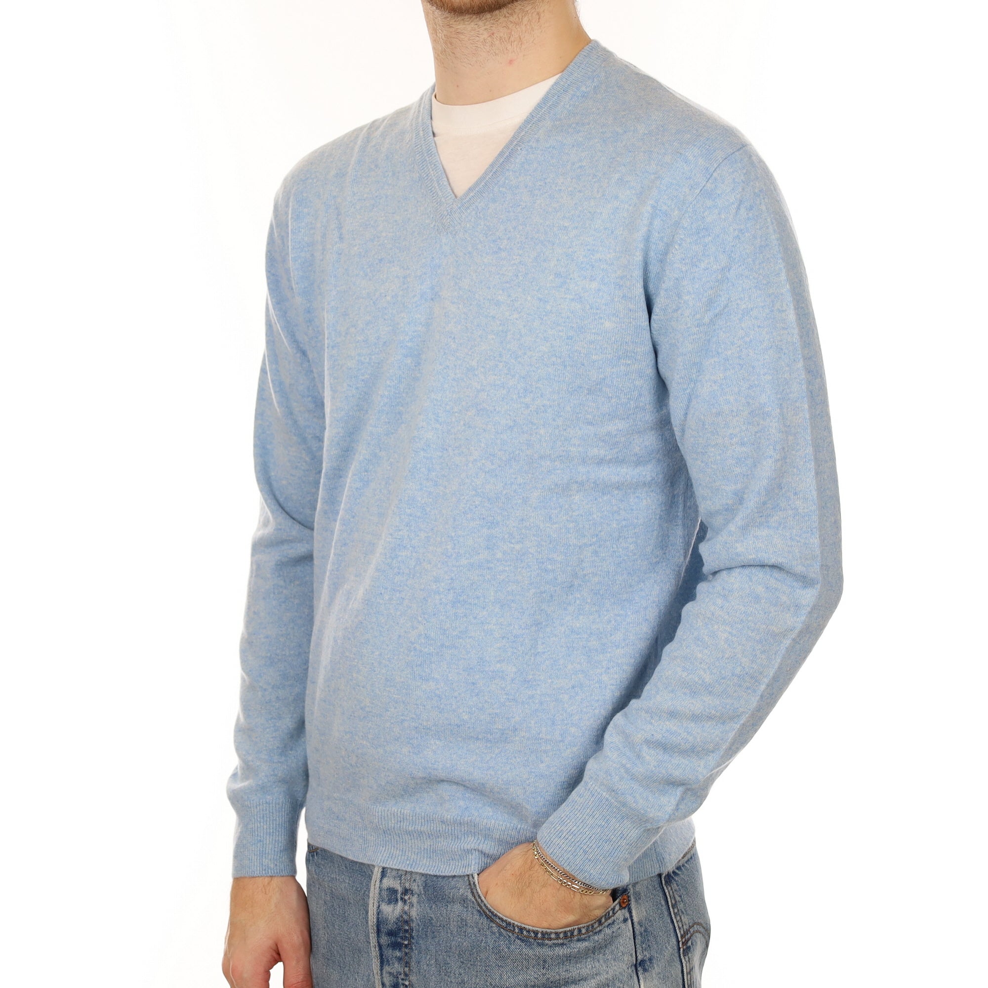 Men's Opal Blue Cashmere V Neck Jumper Medium