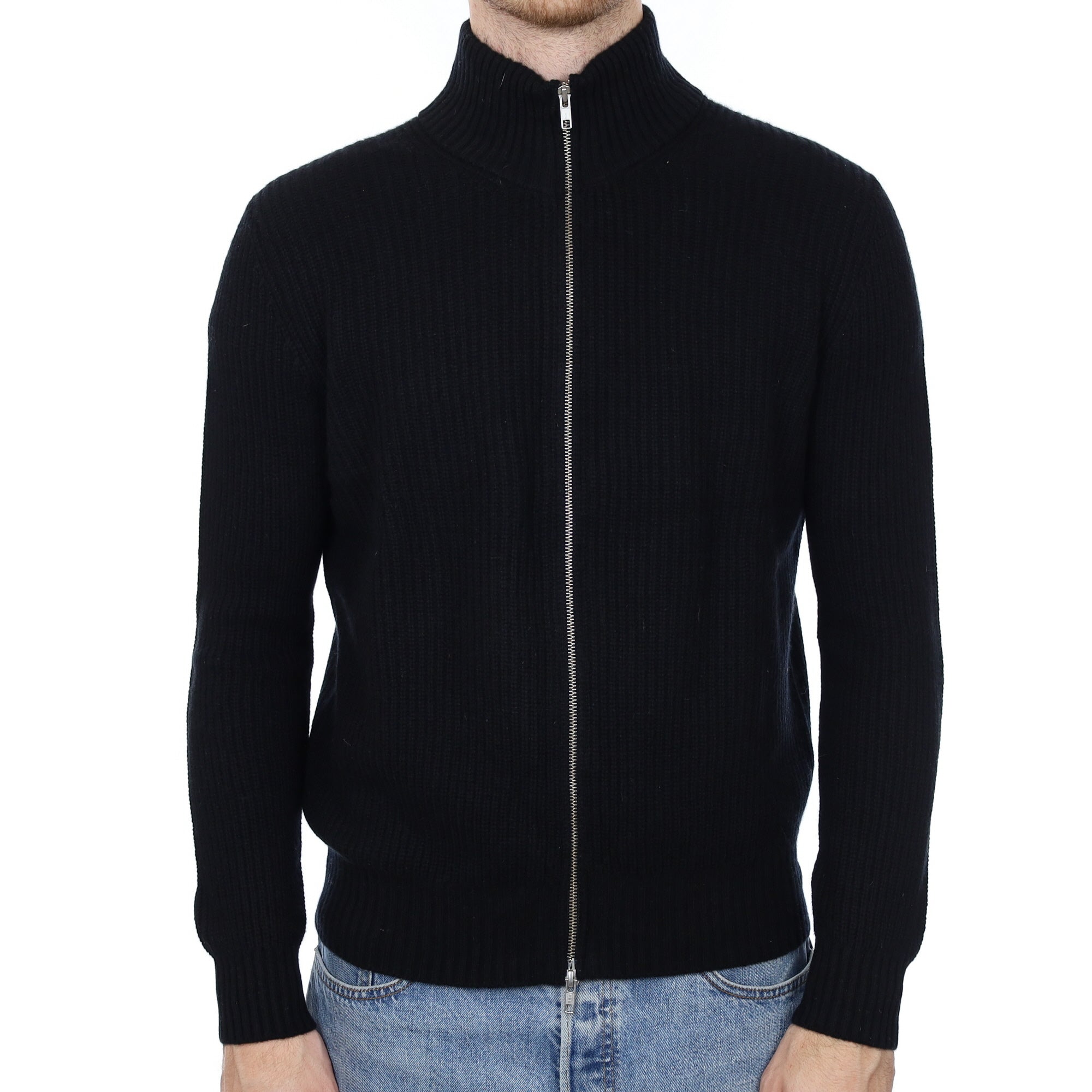 Men's Black Cashmere Zip Up Jumper Medium