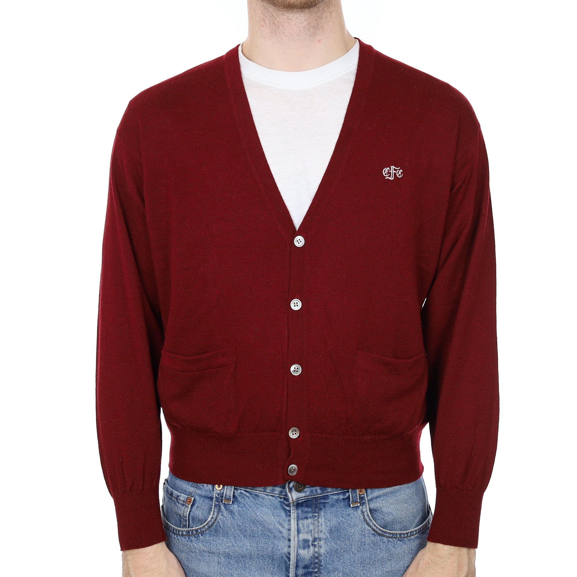 Men's Burgundy Cashmere V Neck Cardigan Medium