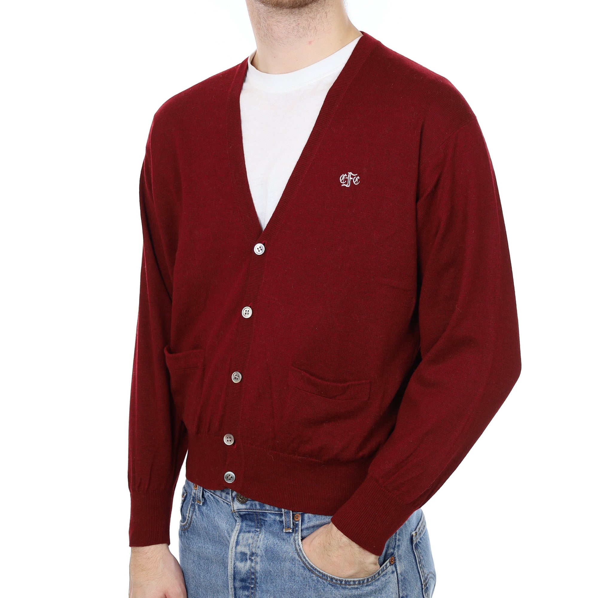 Men's Burgundy Cashmere V Neck Cardigan Medium