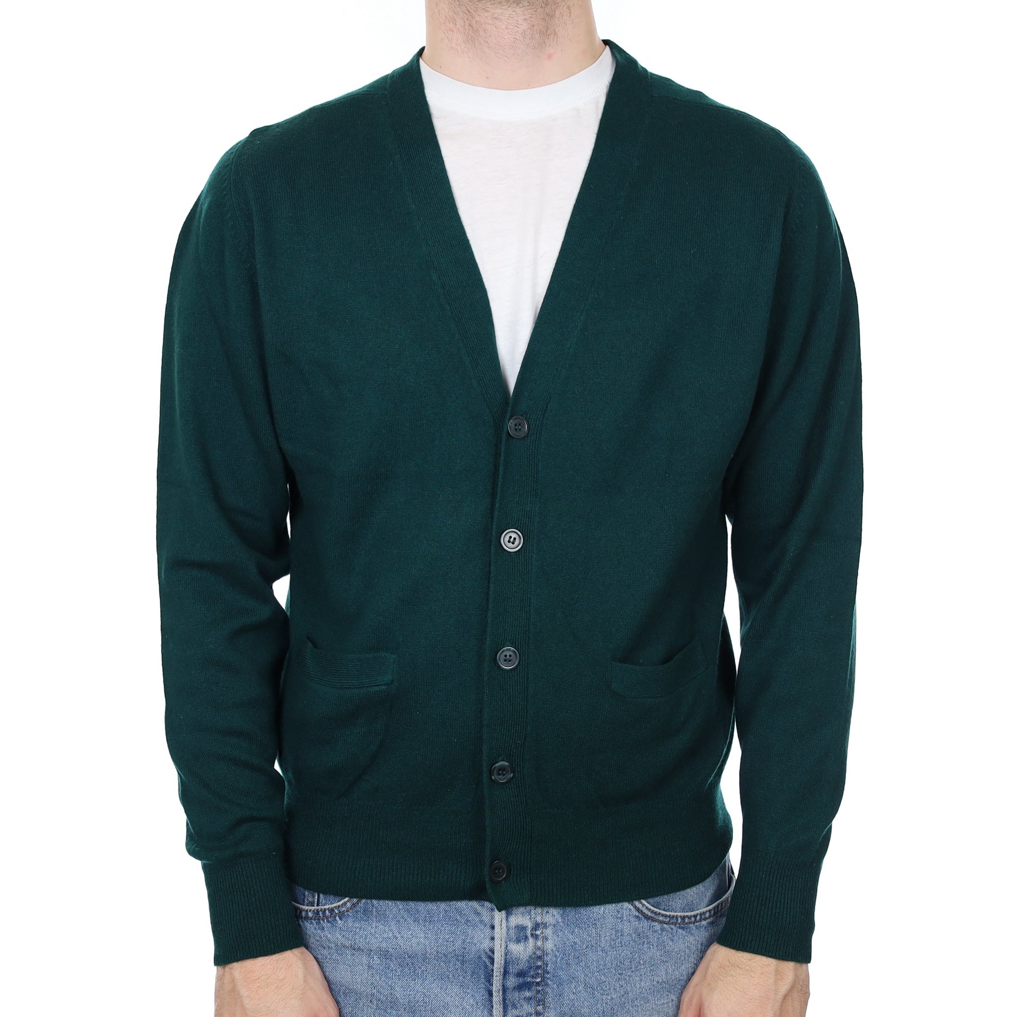 Men's Forest Green Cashmere V Neck Cardigan Medium