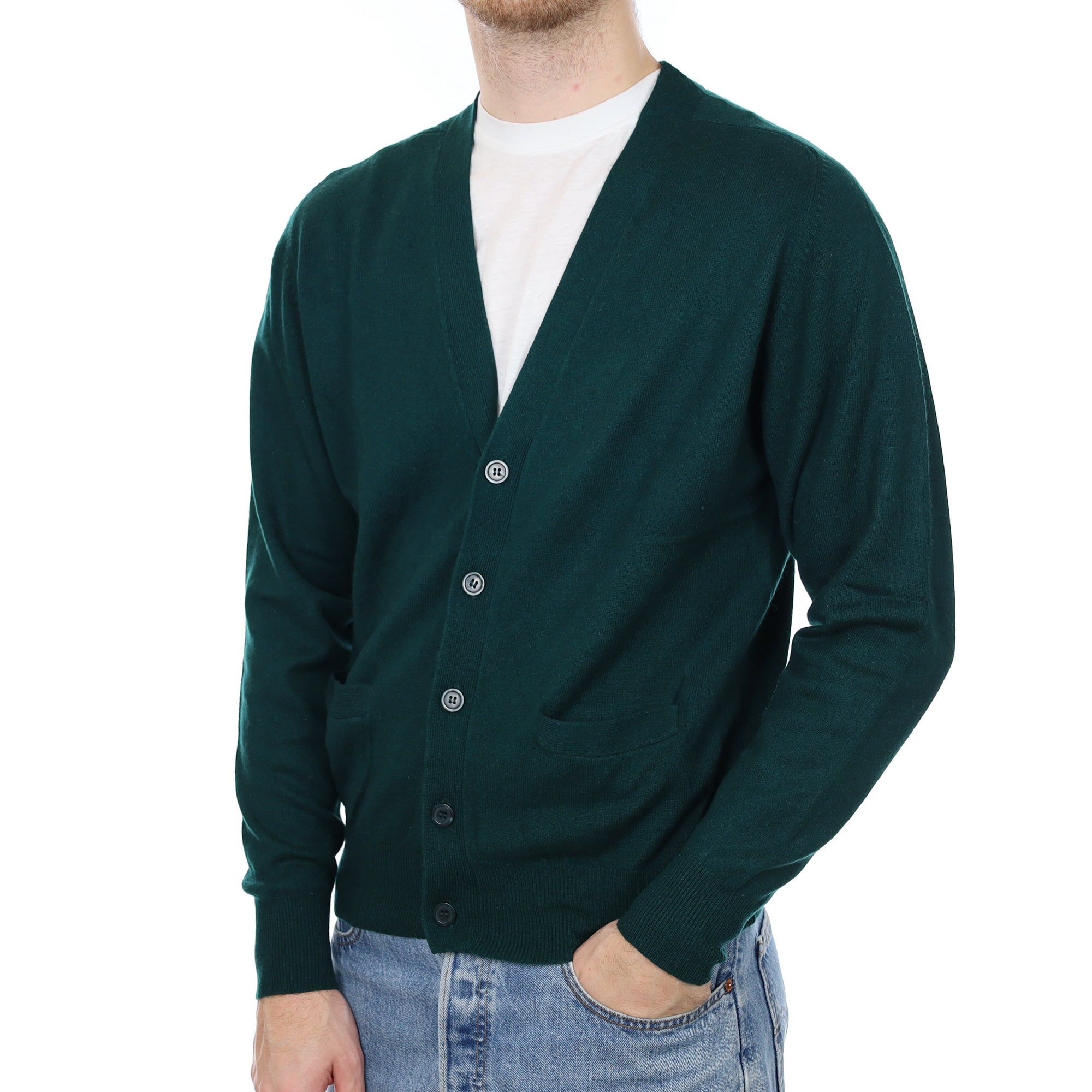 Men's Forest Green Cashmere V Neck Cardigan Medium