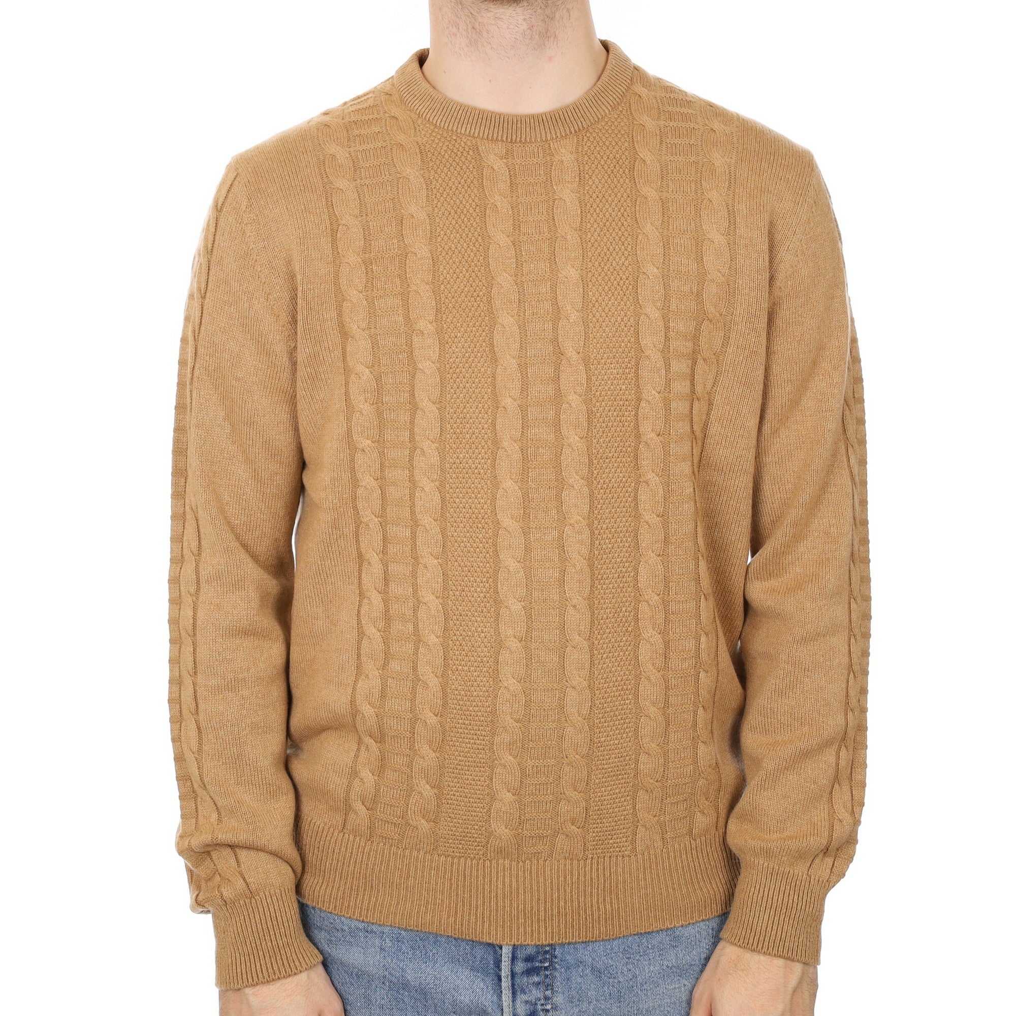 Men's Butterscotch Cable Cashmere Crew Neck Jumper Large
