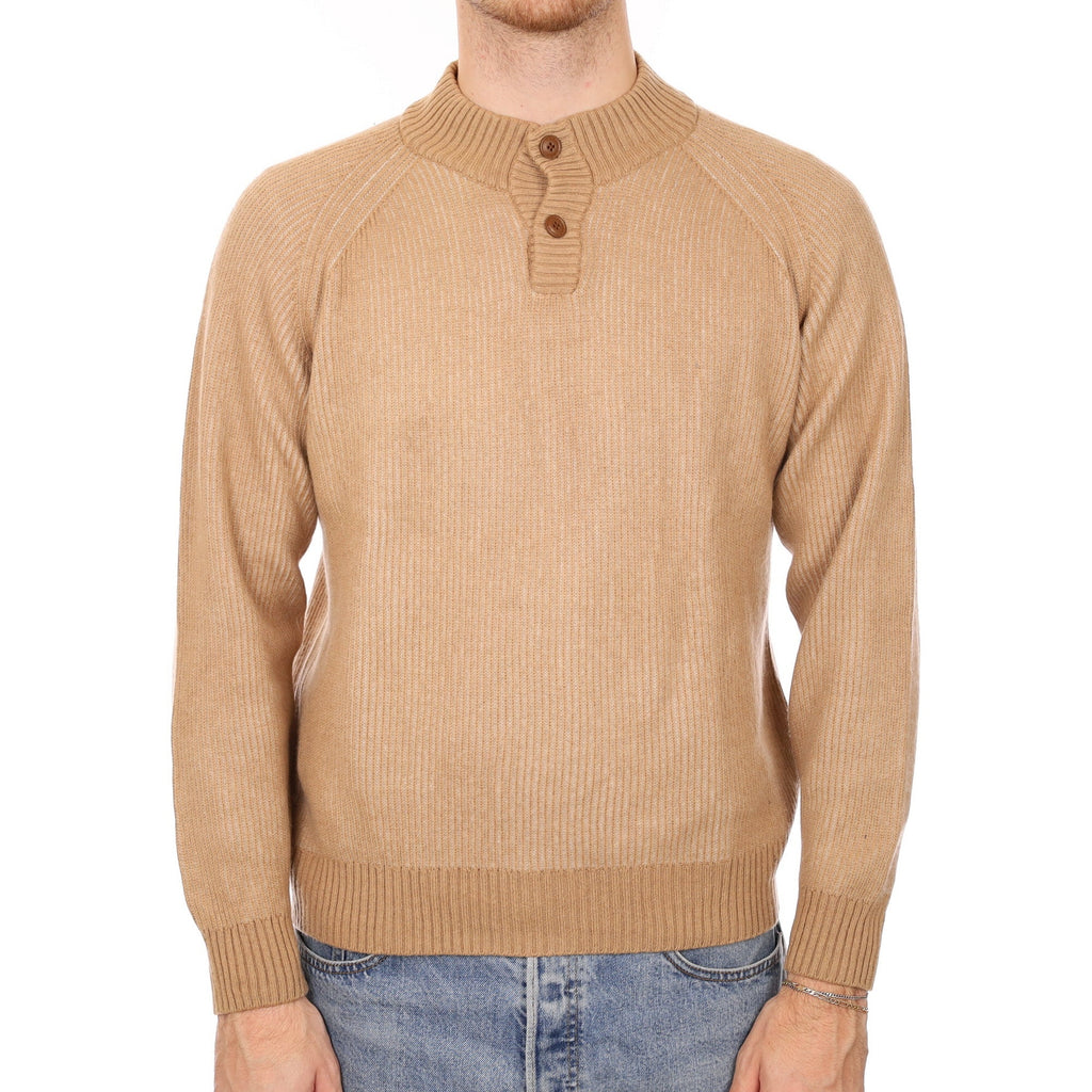 Men's Caramel Ribbed Cashmere Quarter Button  Jumper Large