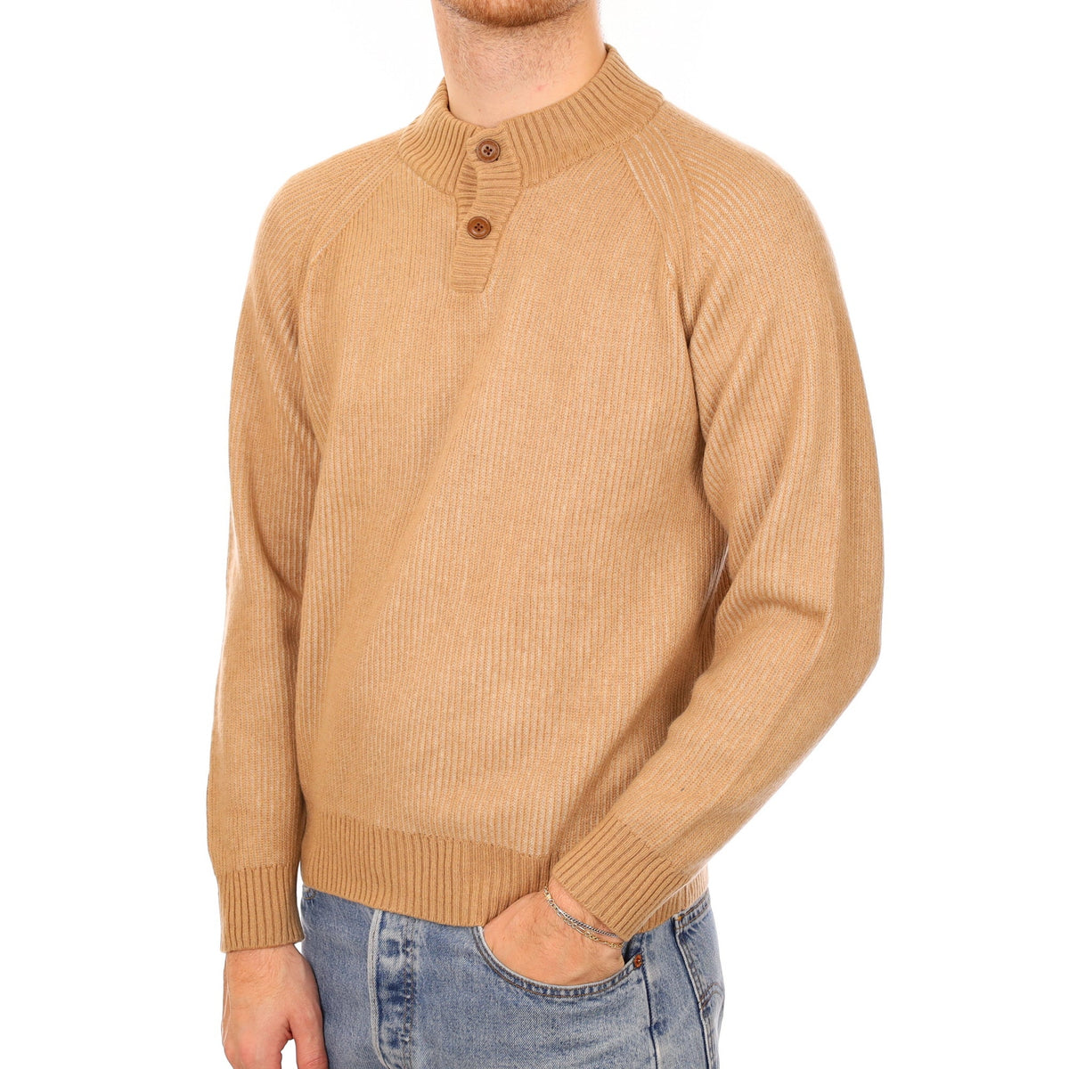 Men's Caramel Ribbed Cashmere Quarter Button  Jumper Large