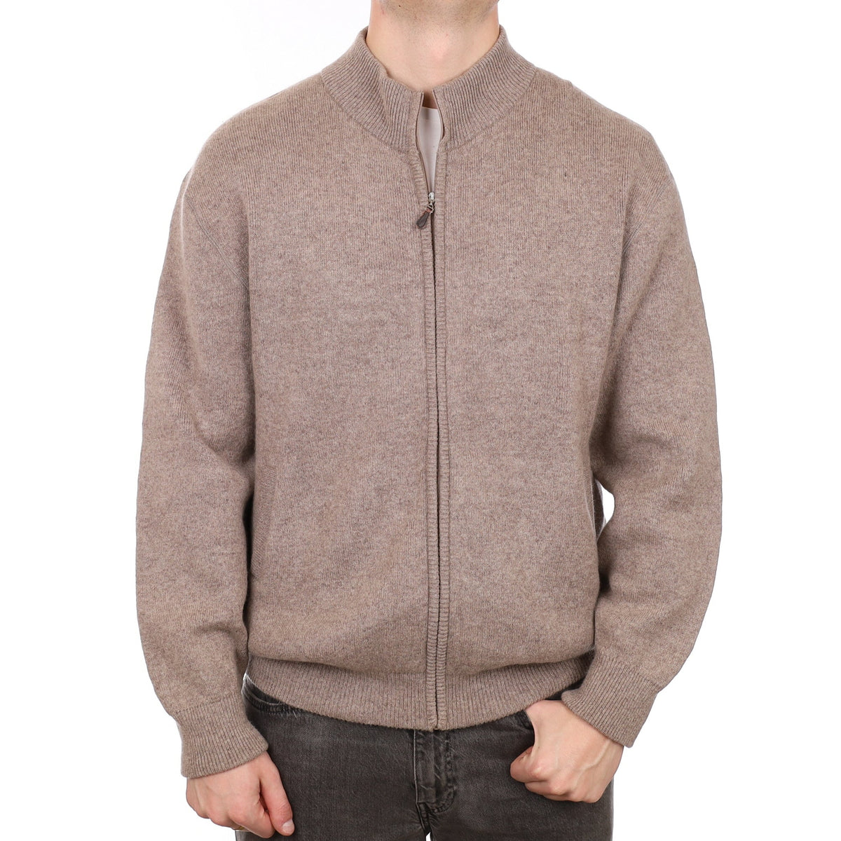 Mocha Brown Men's Cashmere Zip Up Jacket Neck Jumper XXL