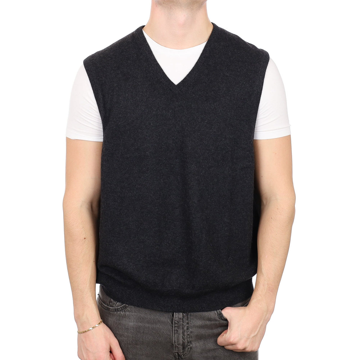 Men's Charcoal Grey Cashmere V Neck Tank Top XXL