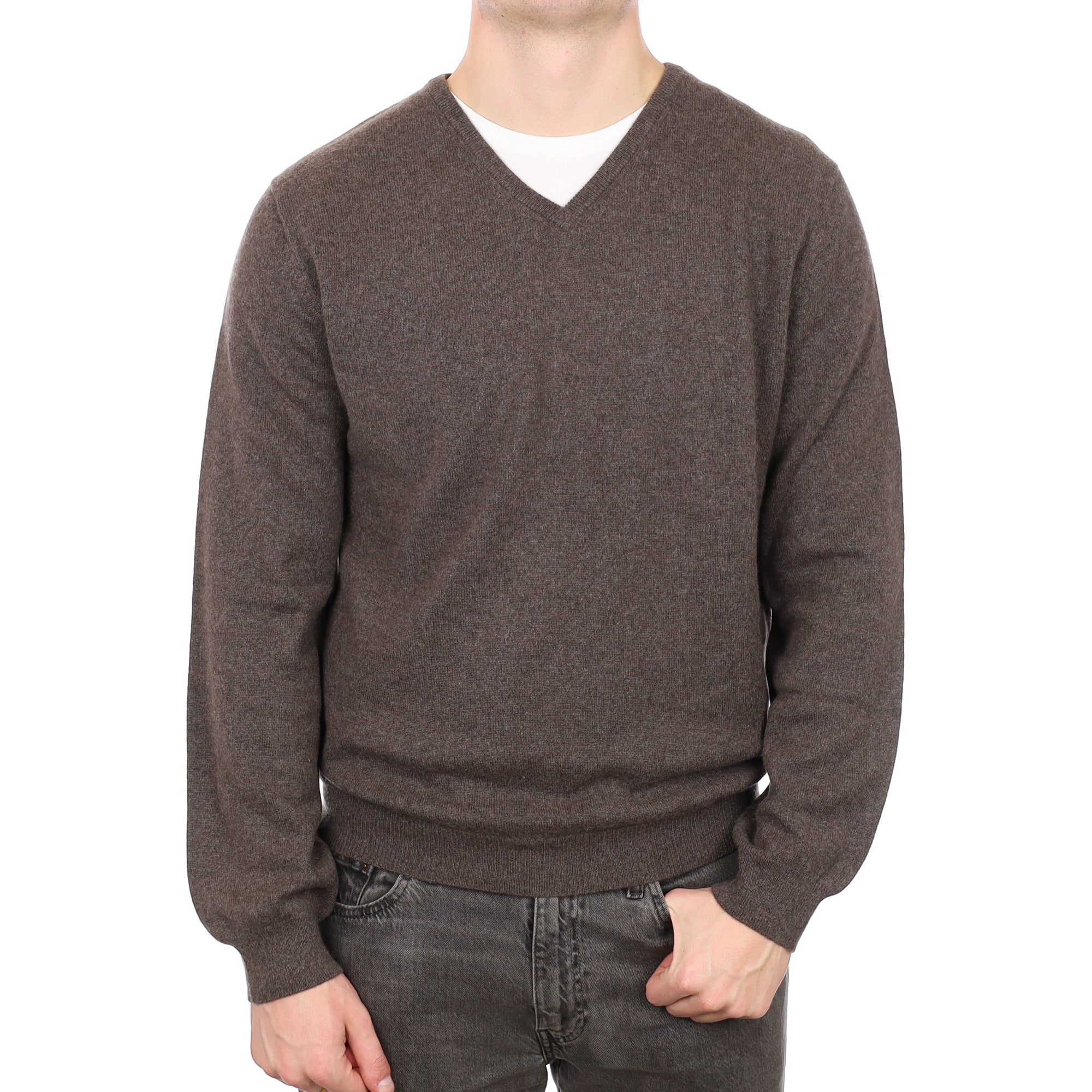 Men's Mole Brown Cashmere V Neck Jumper XXL