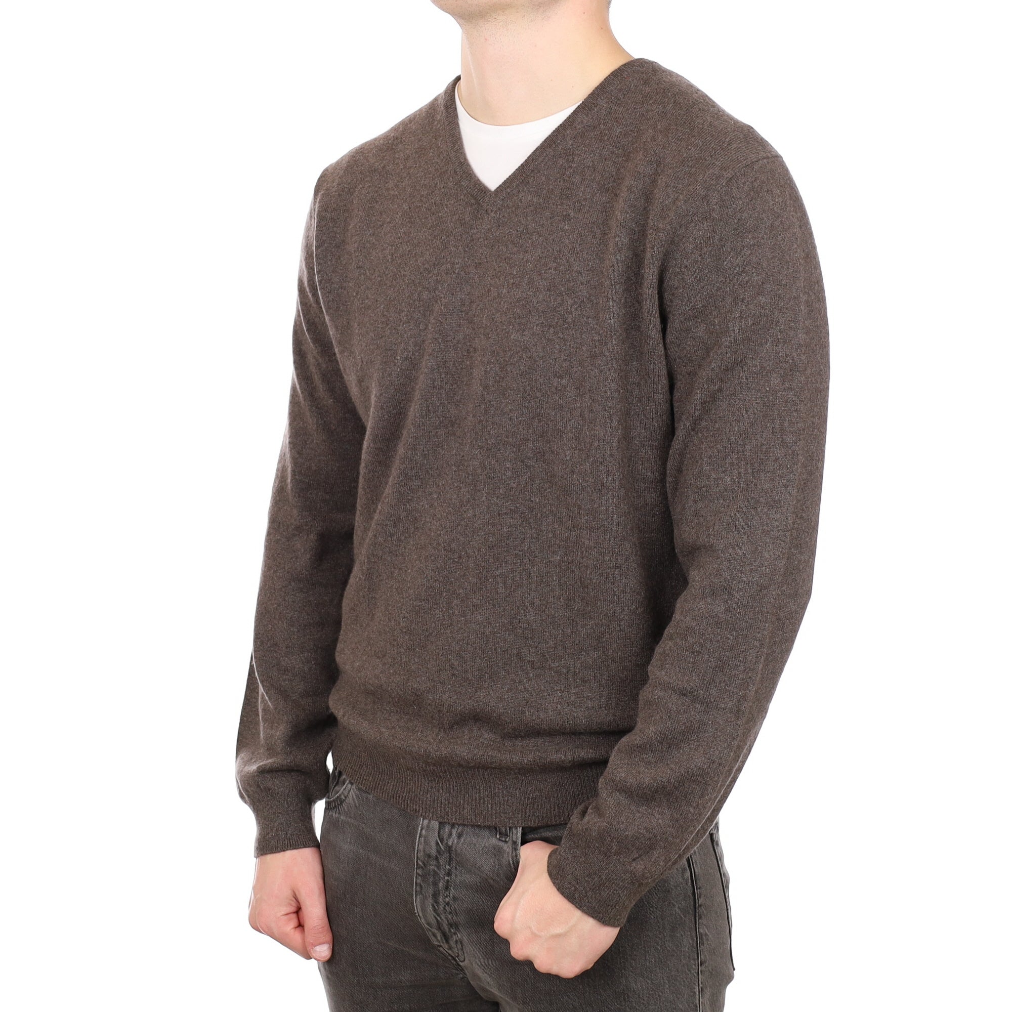 Men's Mole Brown Cashmere V Neck Jumper XXL