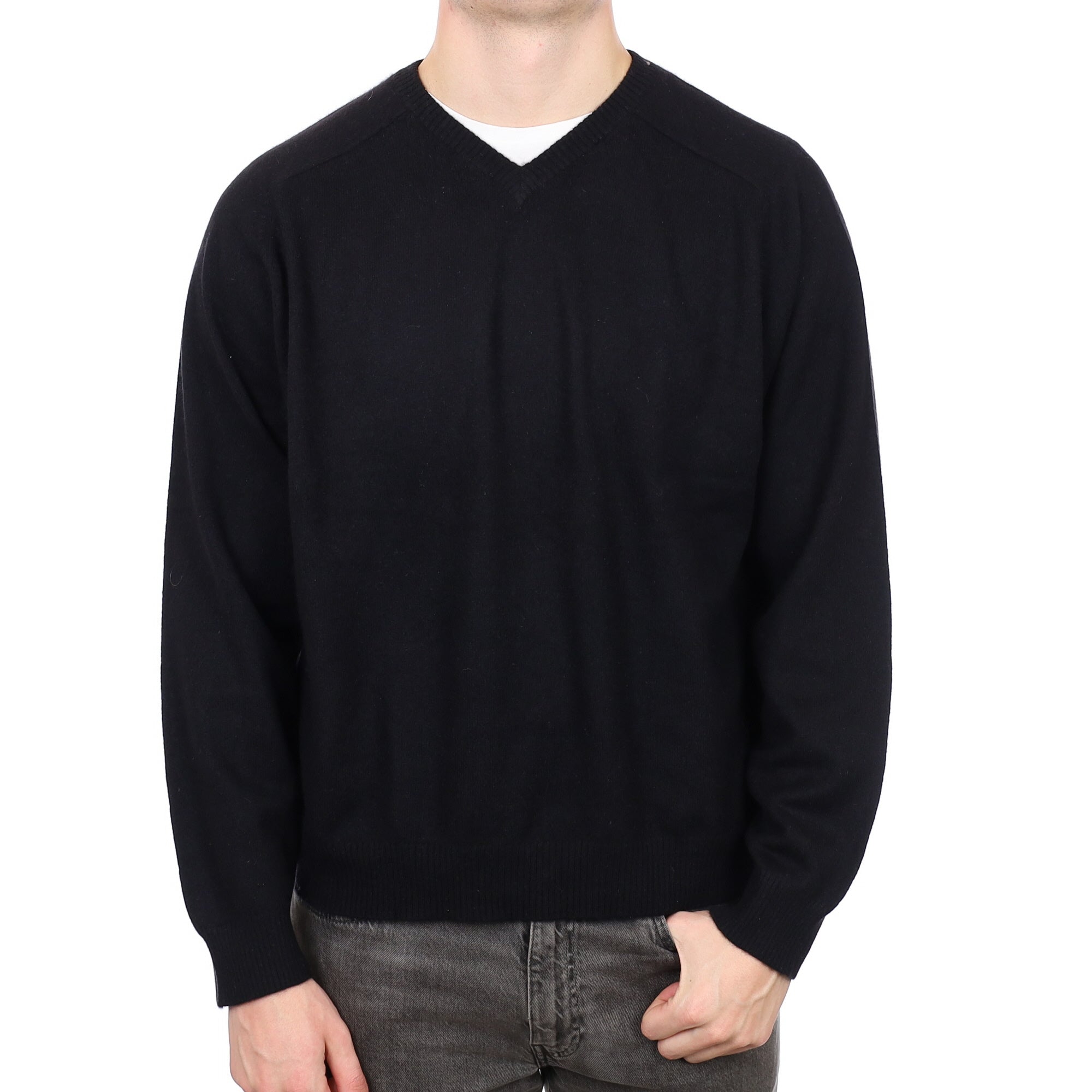 Men's Black Cashmere V Neck Jumper XXL