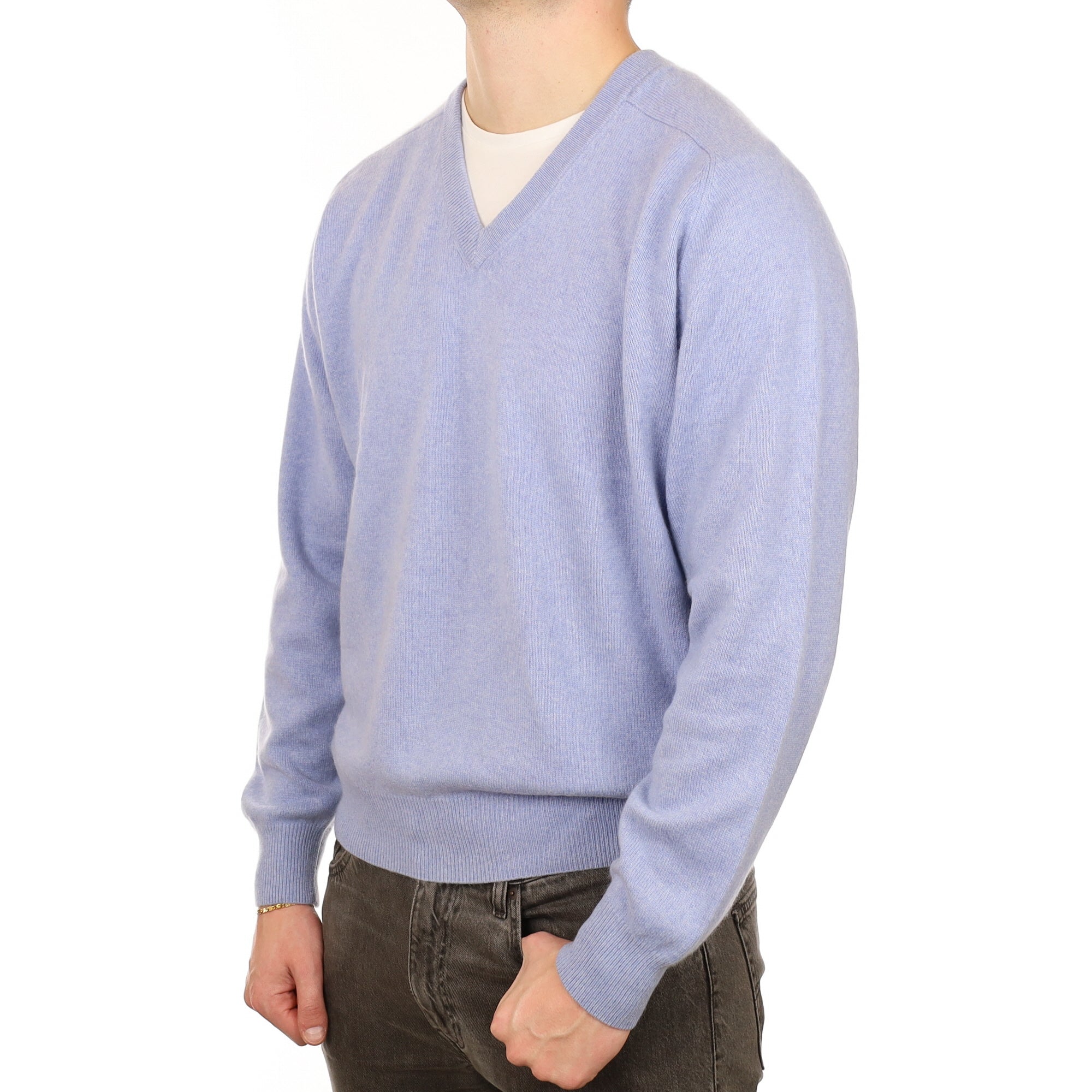 Men's Sky Blue Cashmere V Neck Jumper XXL