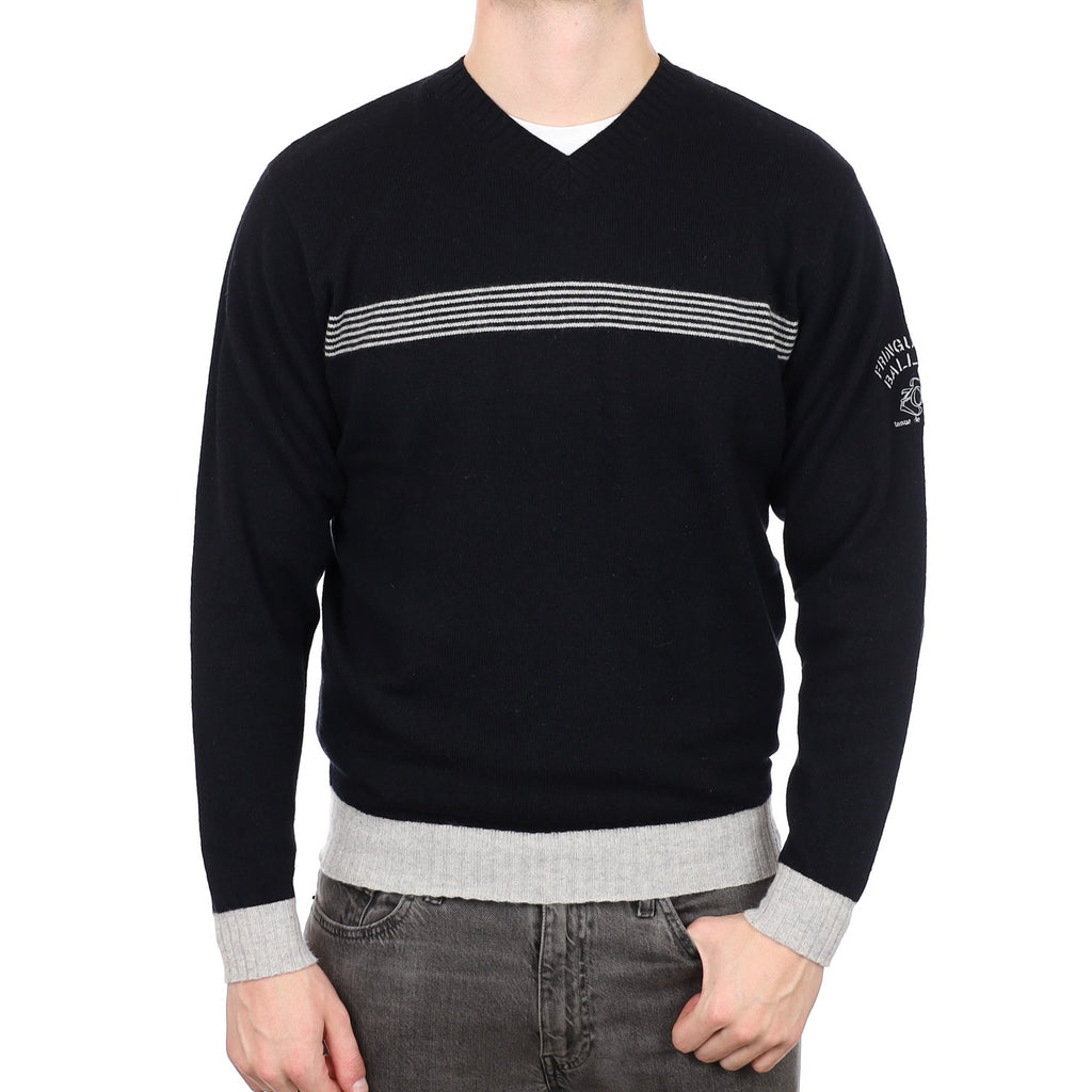 Men's Black and Grey Stripe Cashmere V Neck Jumper XL