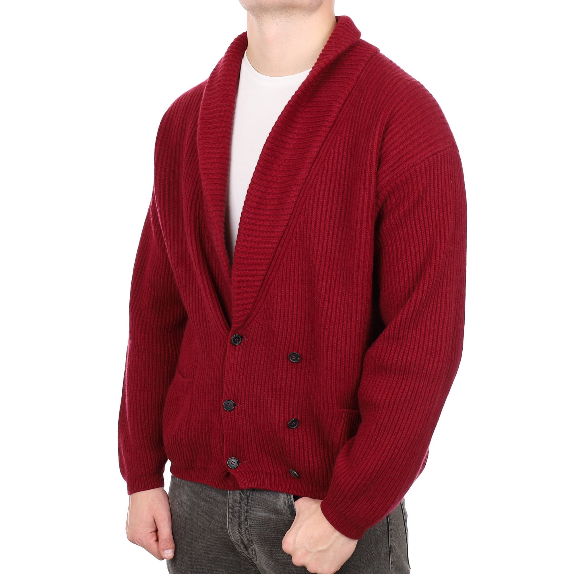 Men's Burgundy Cashmere Super Chunky V Neck Cardigan with Pockets XXL
