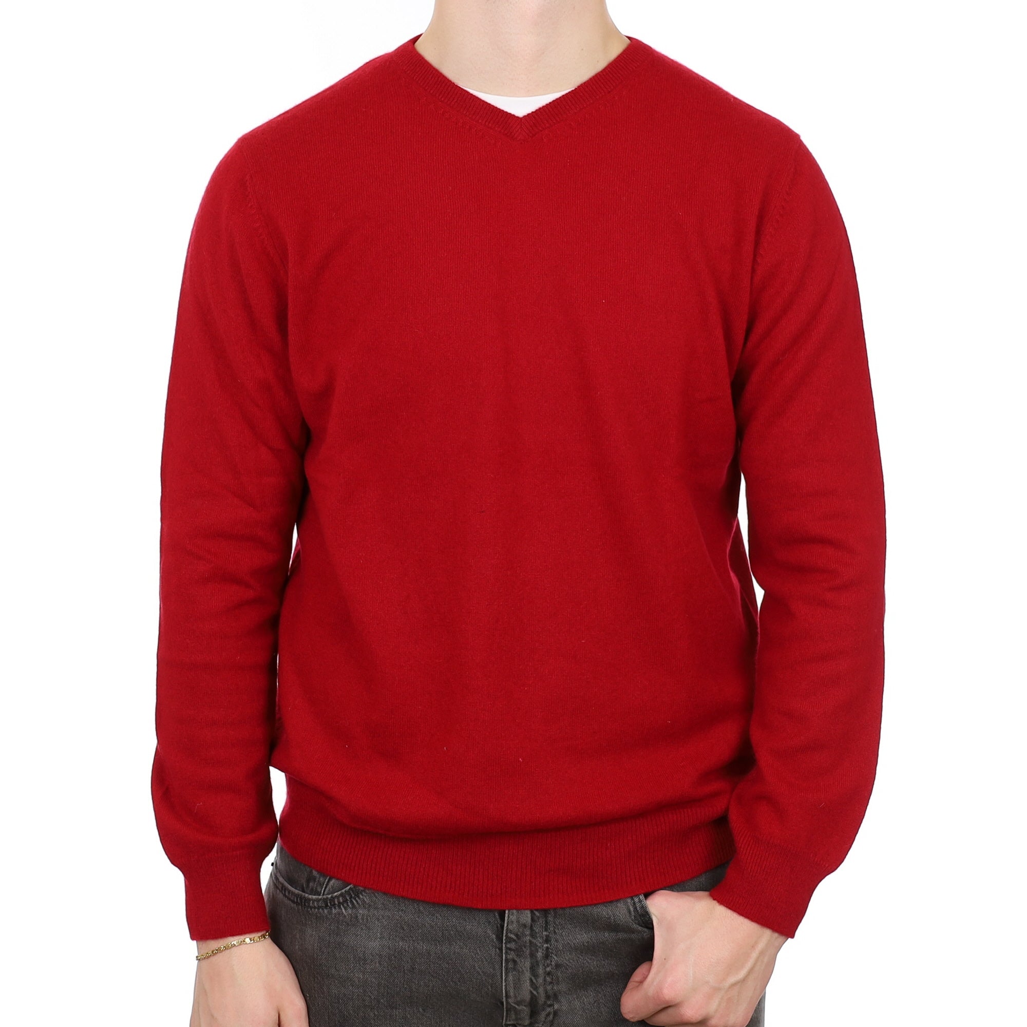Men's Crimson Red Cashmere V Neck Jumper XL