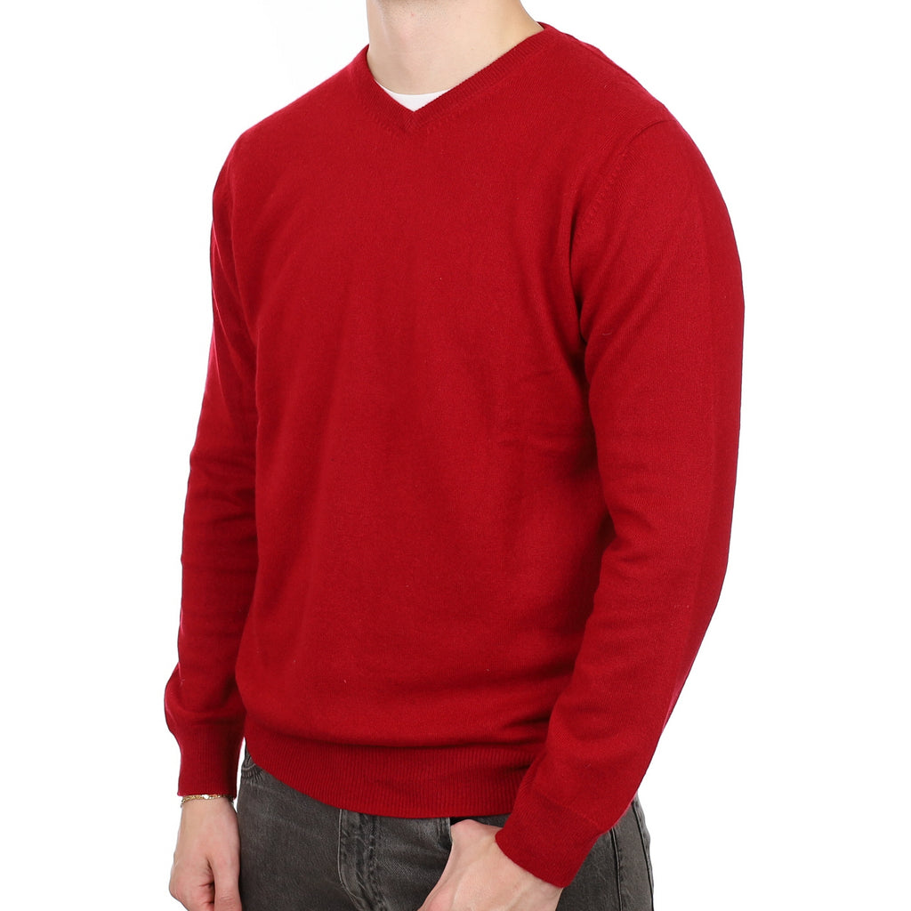 Men's Crimson Red Cashmere V Neck Jumper XL