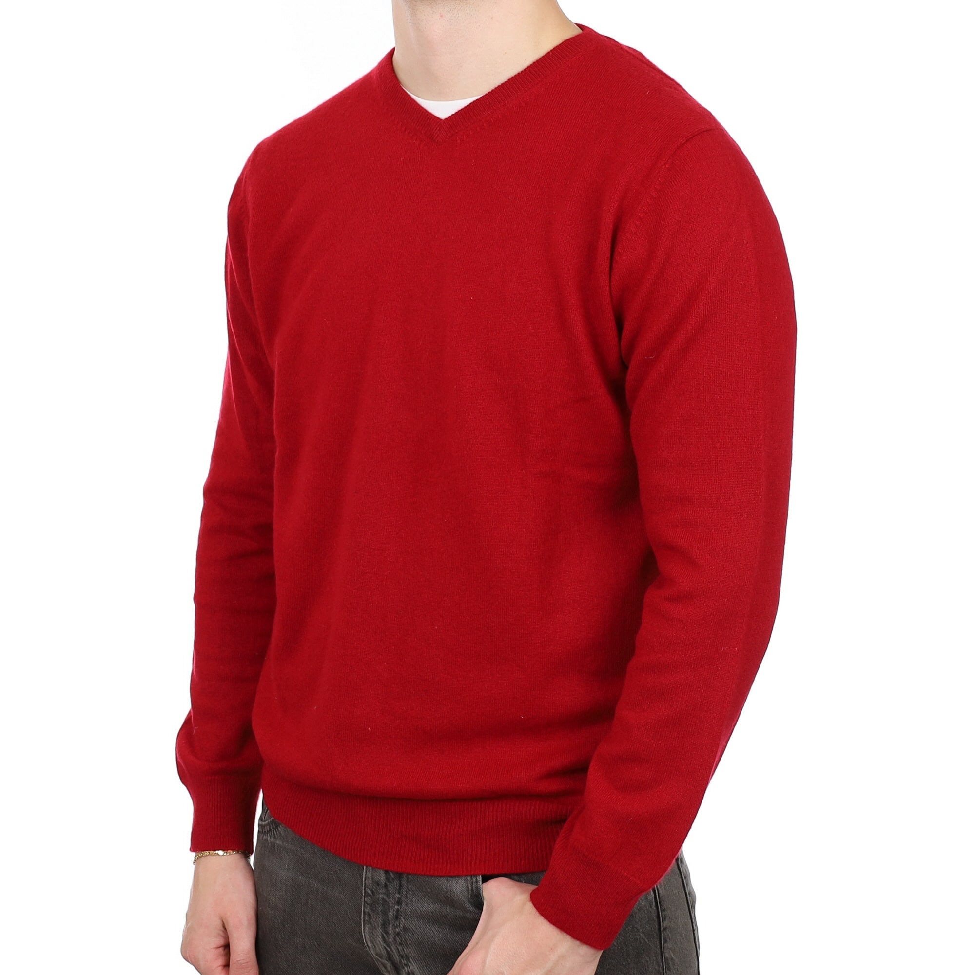 Men's Crimson Red Cashmere V Neck Jumper XL
