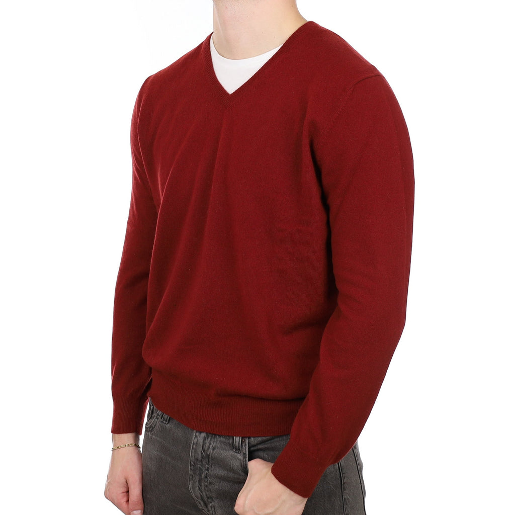 Men's Burgundy Red Cashmere V Neck Jumper XL