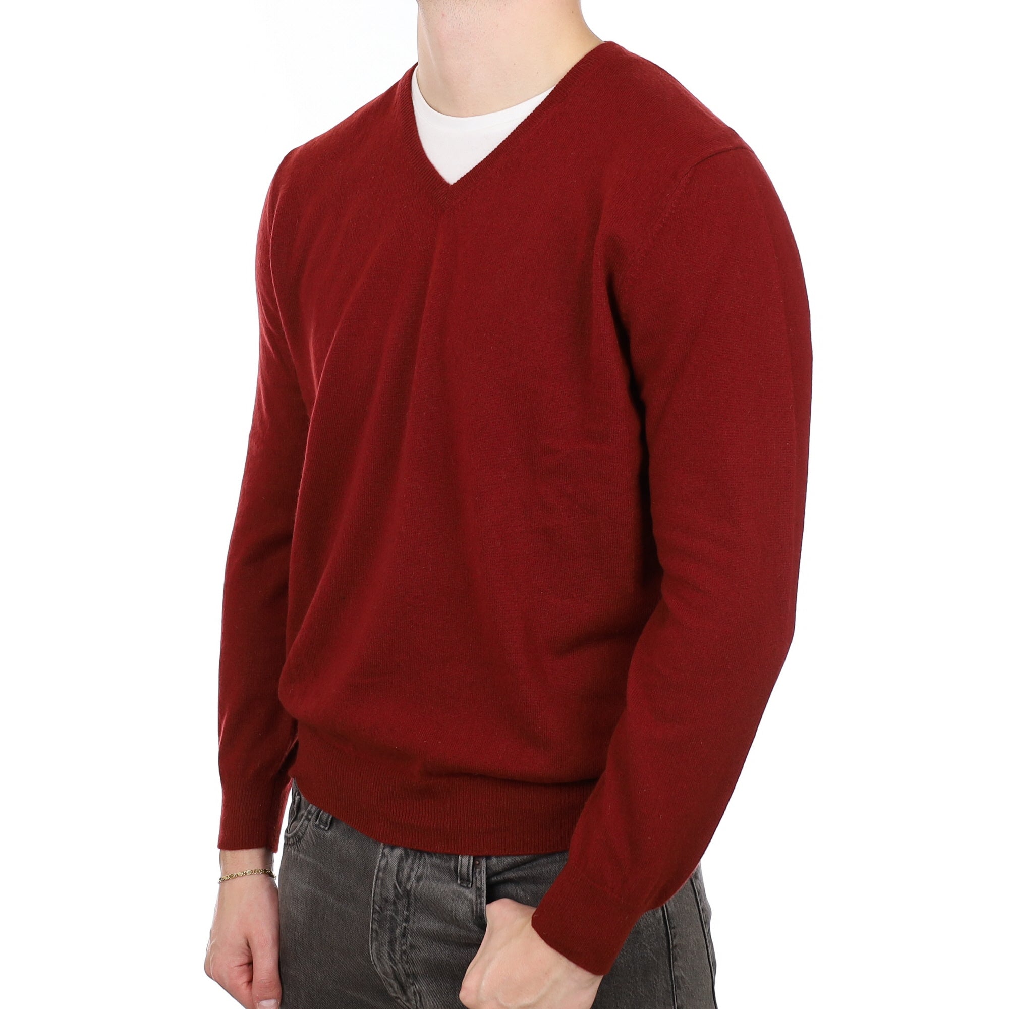 Men's Burgundy Red Cashmere V Neck Jumper XL