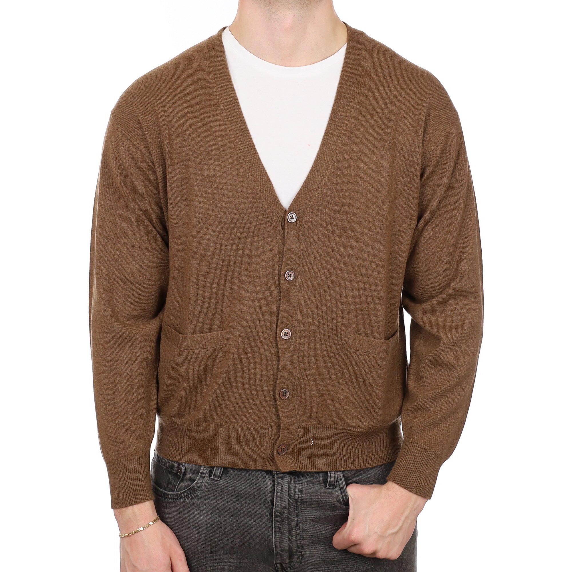 Men's Nutmeg Brown Cashmere V Neck  Cardigan XL (do not restock)