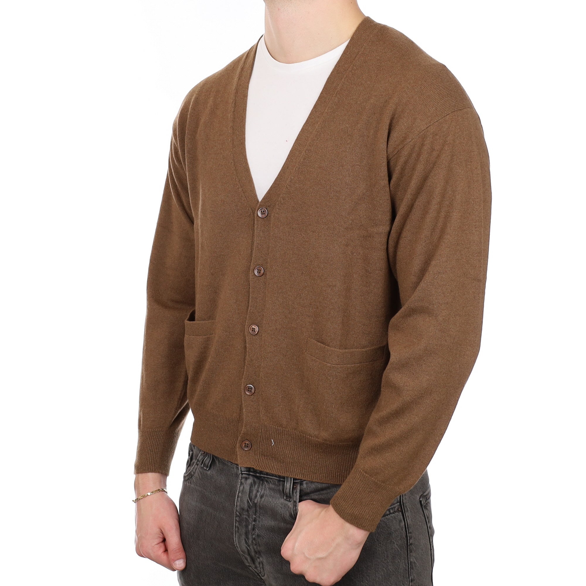 Men's Nutmeg Brown Cashmere V Neck  Cardigan XL (do not restock)
