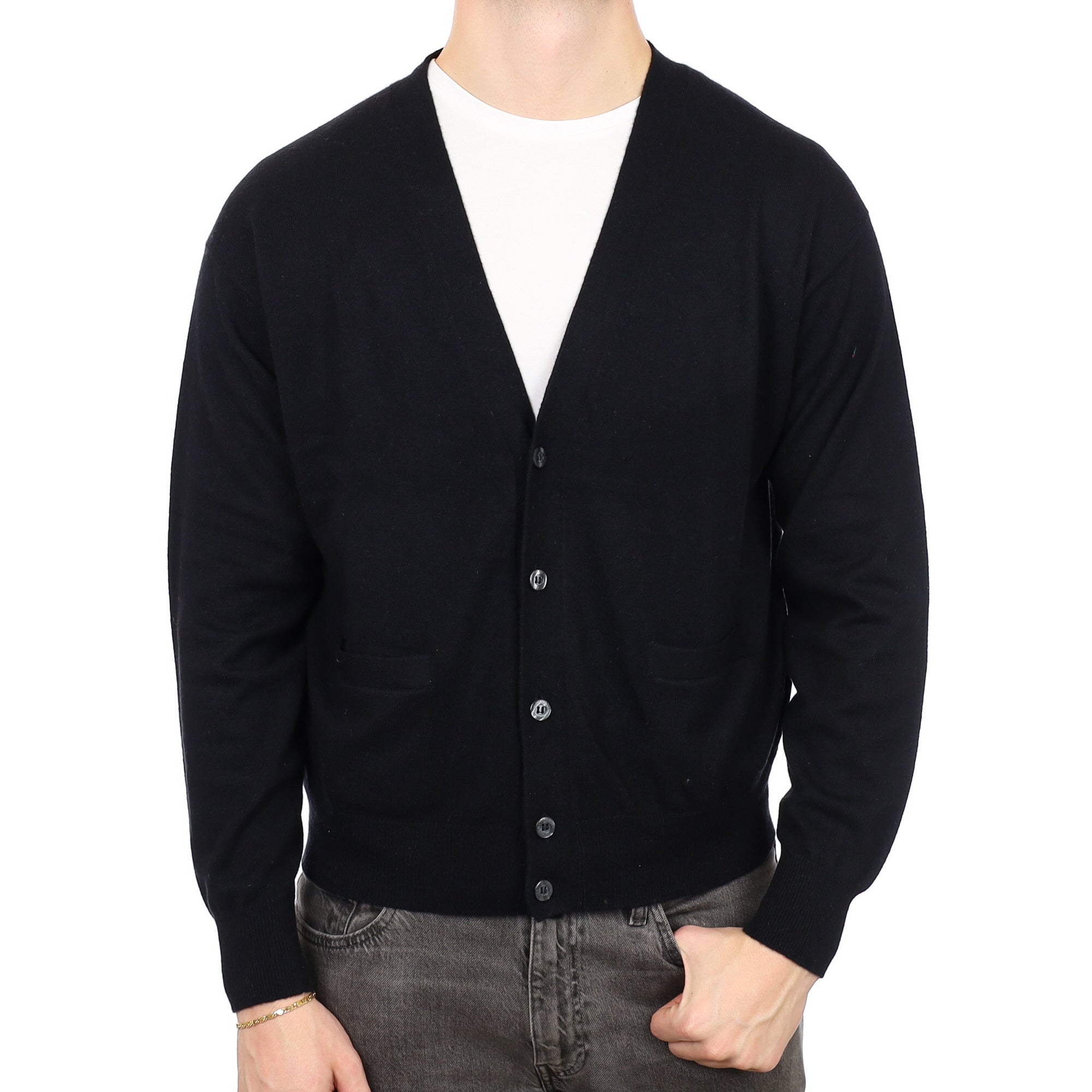 Men's Black Cashmere V Neck Cardigan XL