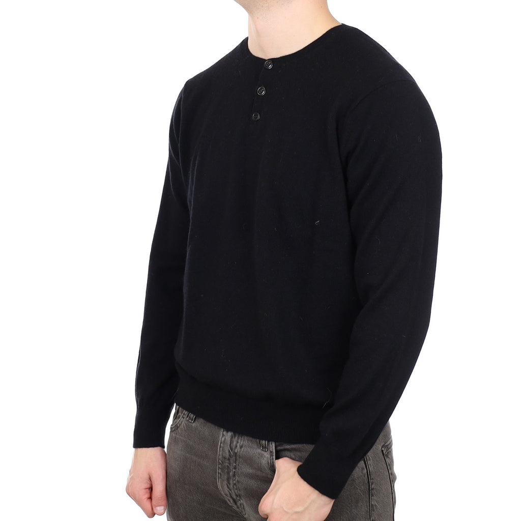 Men's Black Cashmere Quarter Button Crew Neck Jumper XL