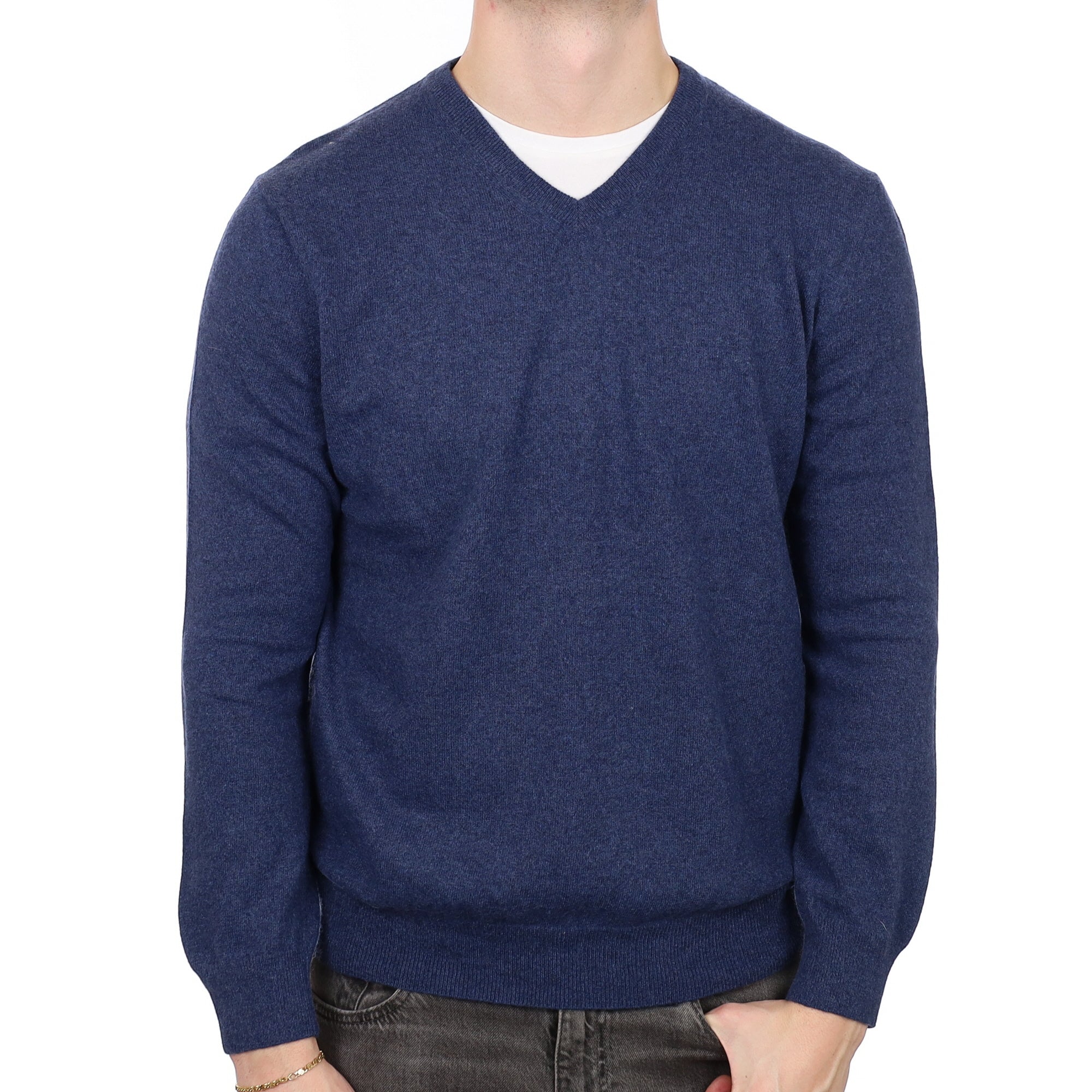 Men's Midnight Blue Cashmere V Neck Jumper XL