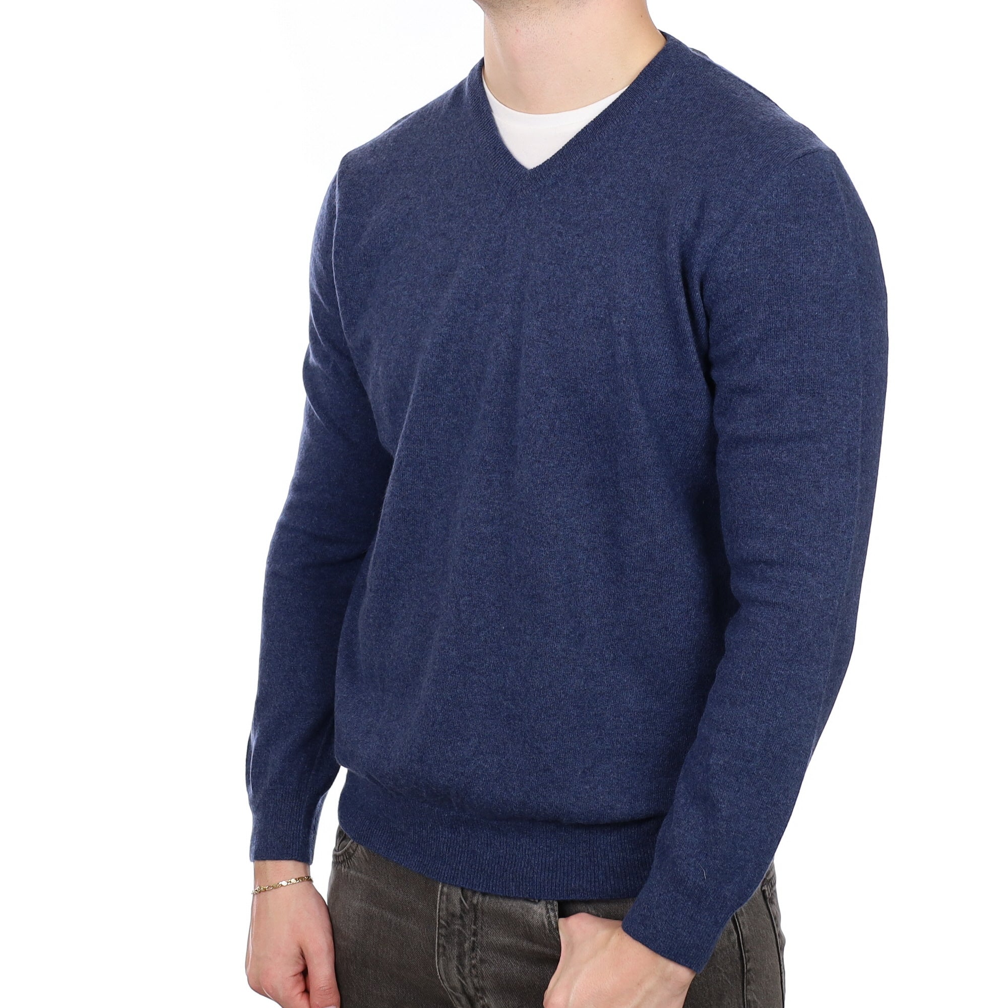 Men's Midnight Blue Cashmere V Neck Jumper XL