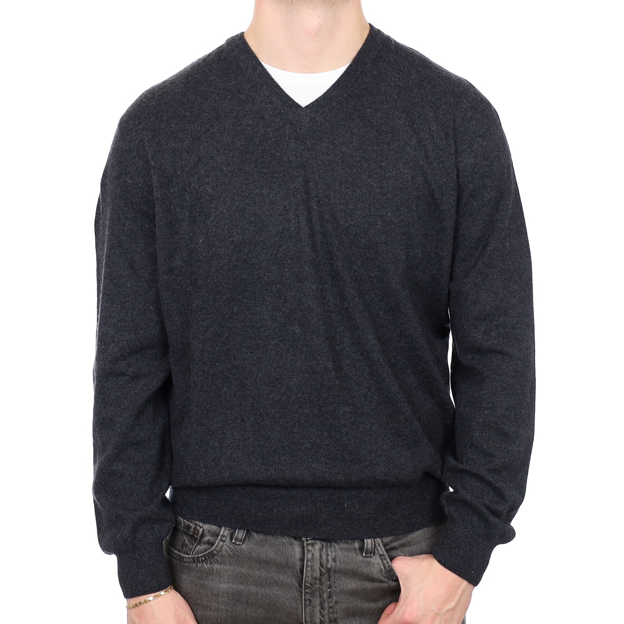 Men's Ermenegildo Zegna Charcoal Grey Cashmere V Neck Jumper XL