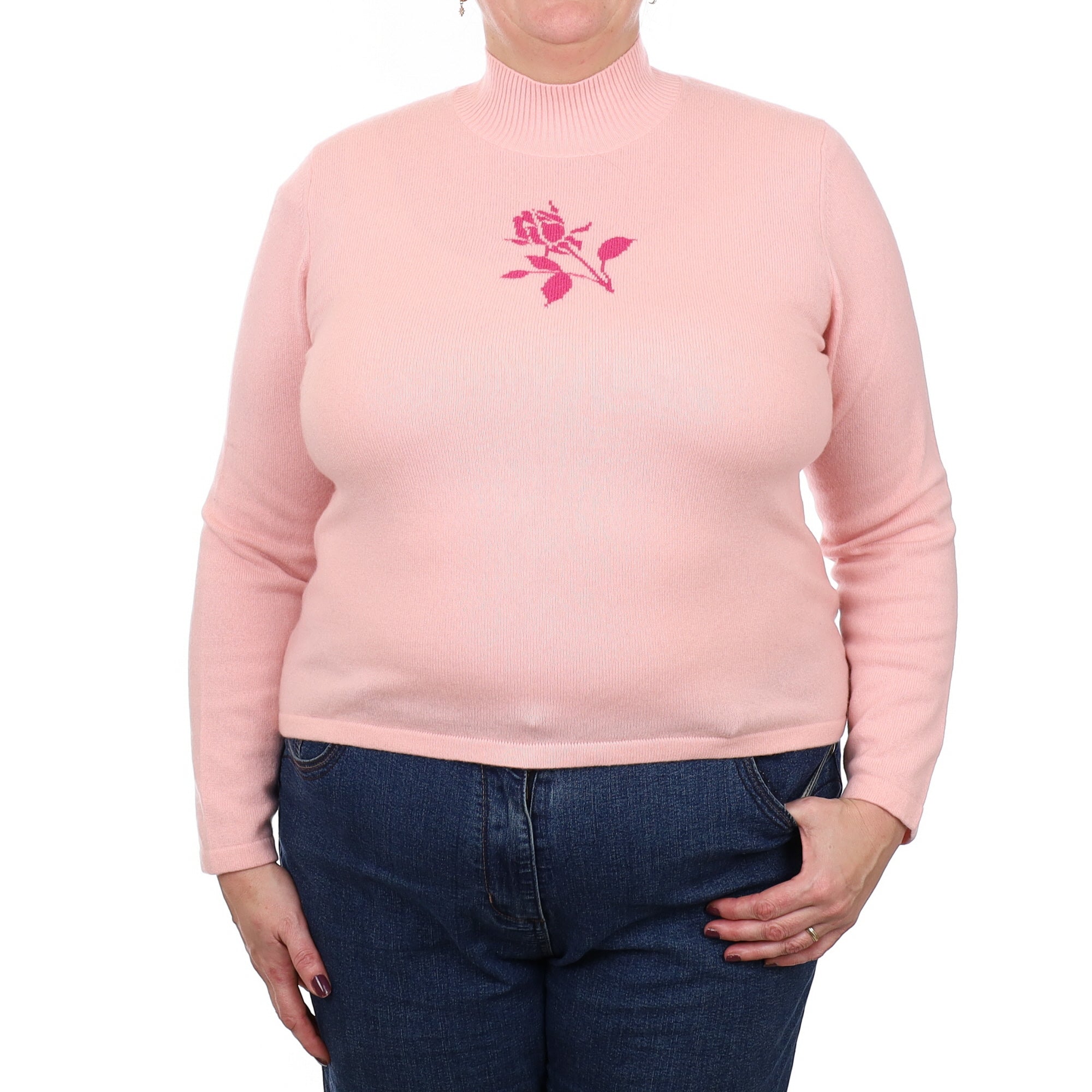 Shell Pink Rose Design Cashmere Turtle Neck Jumper Extra Large