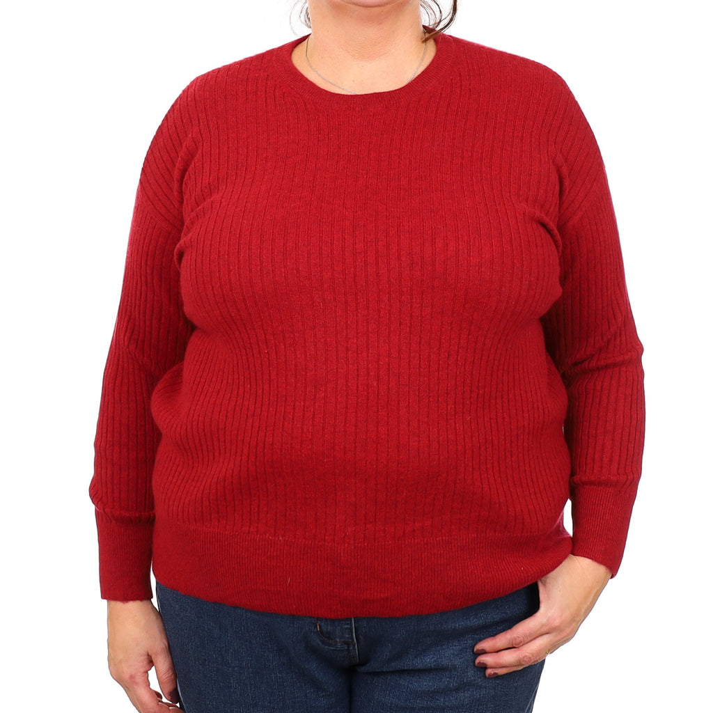 Crimson Red Marl Ribbed Cashmere Crew Neck Jumper Extra Large