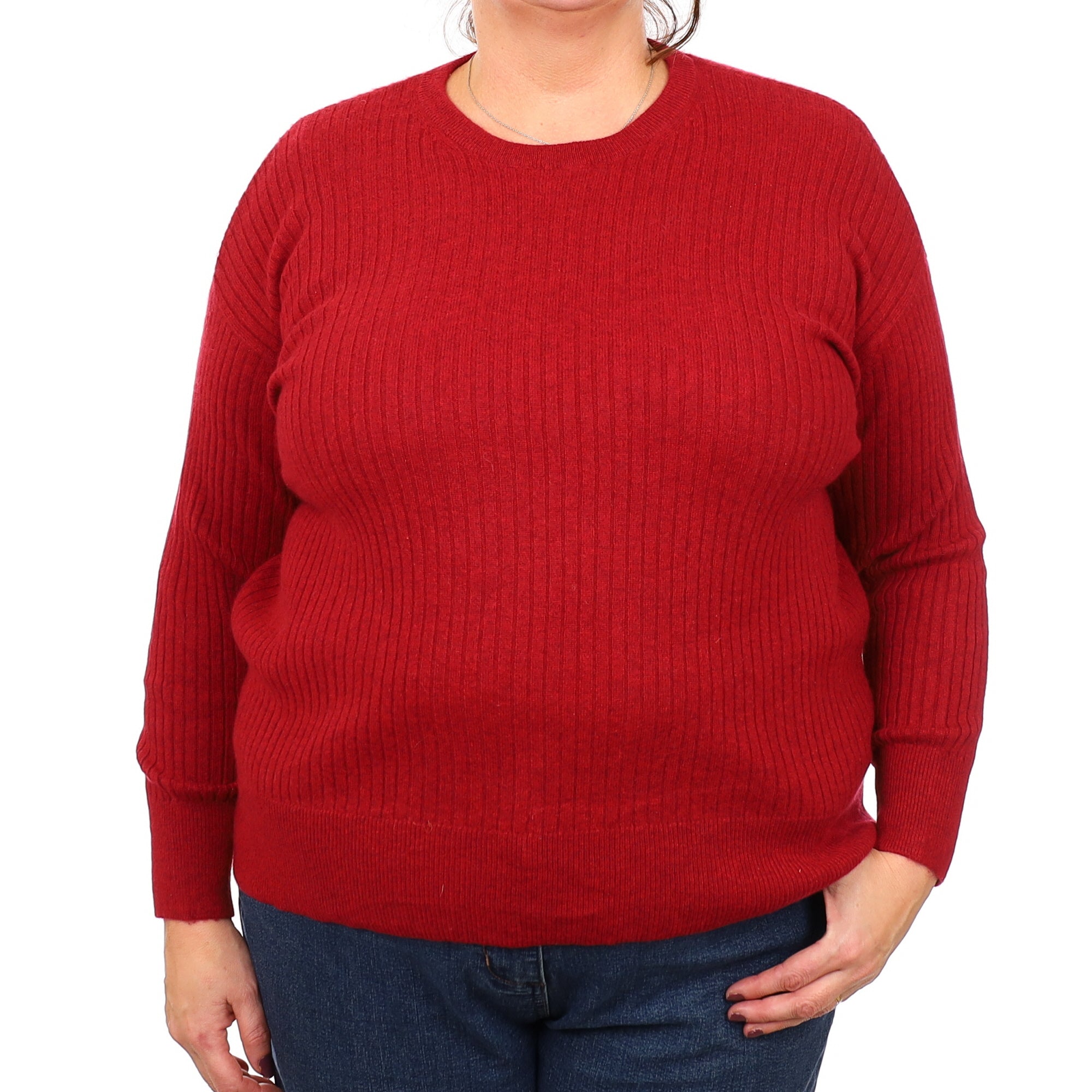 Crimson Red Marl Ribbed Cashmere Crew Neck Jumper Extra Large