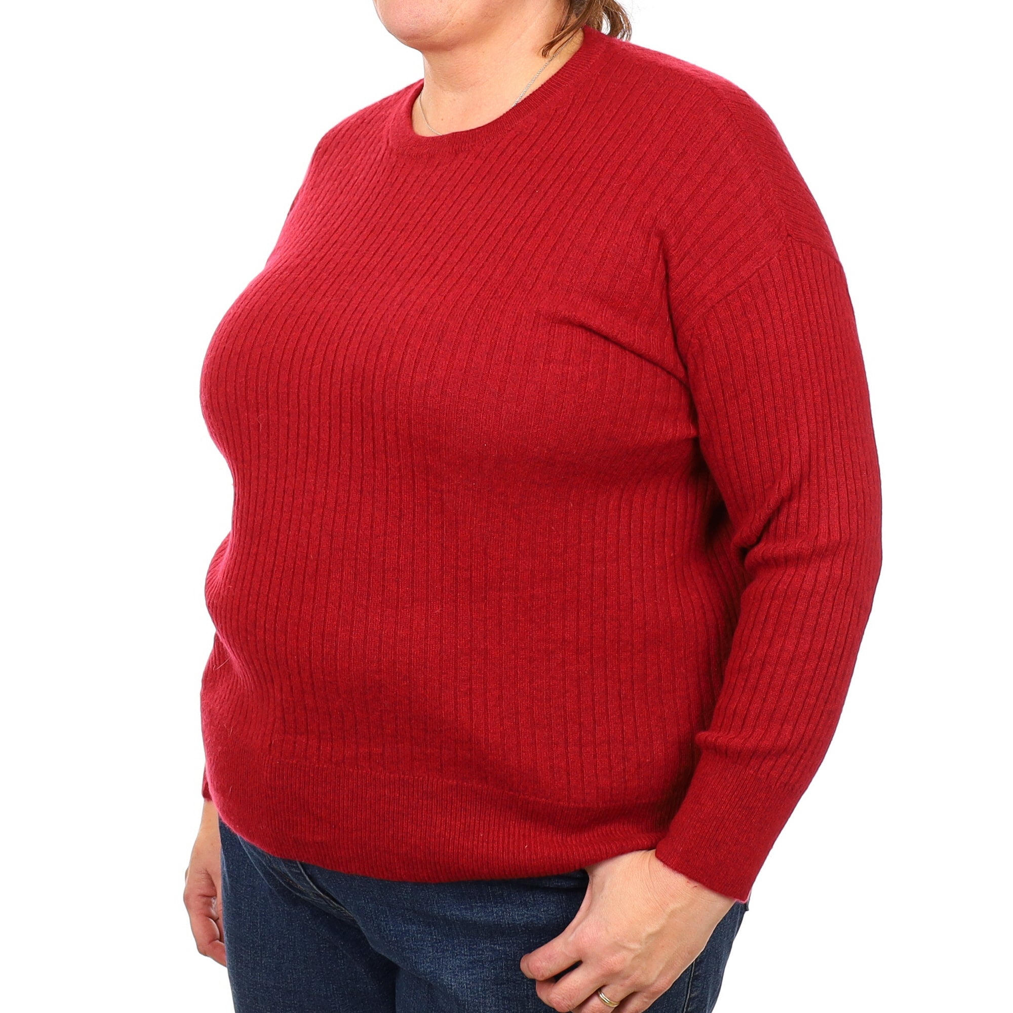 Crimson Red Marl Ribbed Cashmere Crew Neck Jumper Extra Large