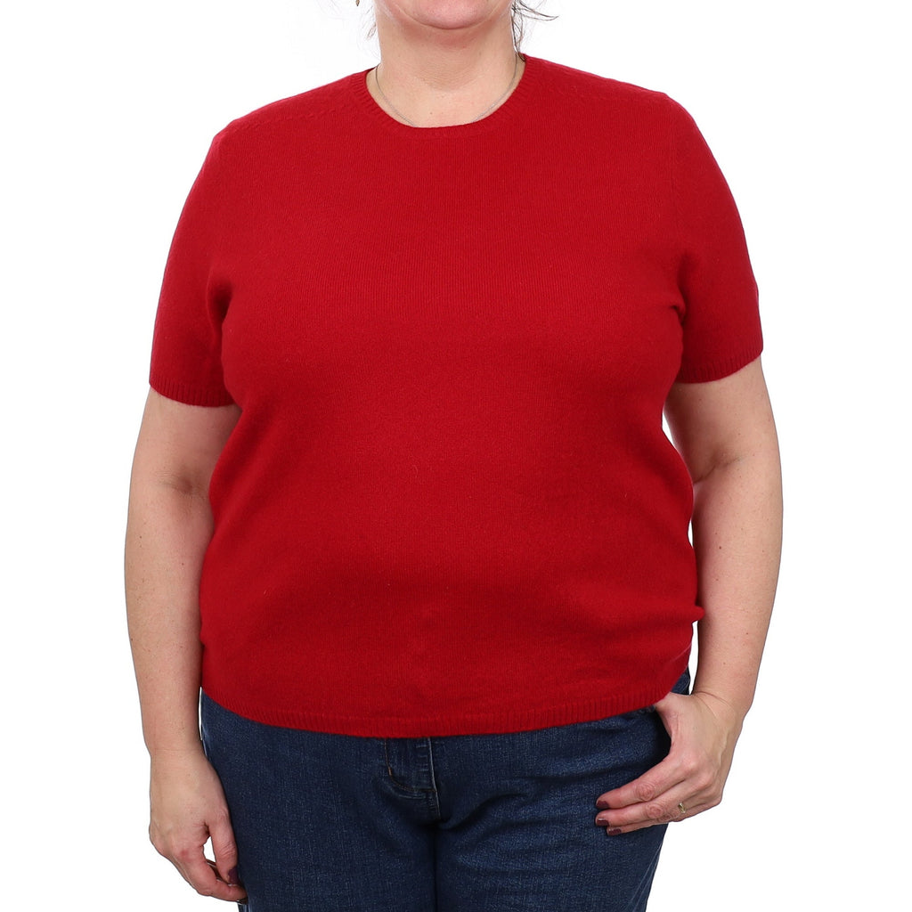 Crimson Red Cashmere Short Sleeved Crew Neck Jumper Extra Large