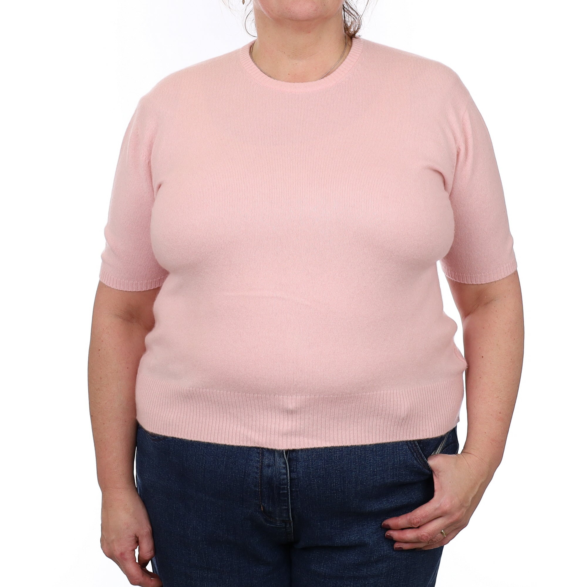Shell Pink Cashmere Short Sleeved Crew Neck Jumper Extra Large
