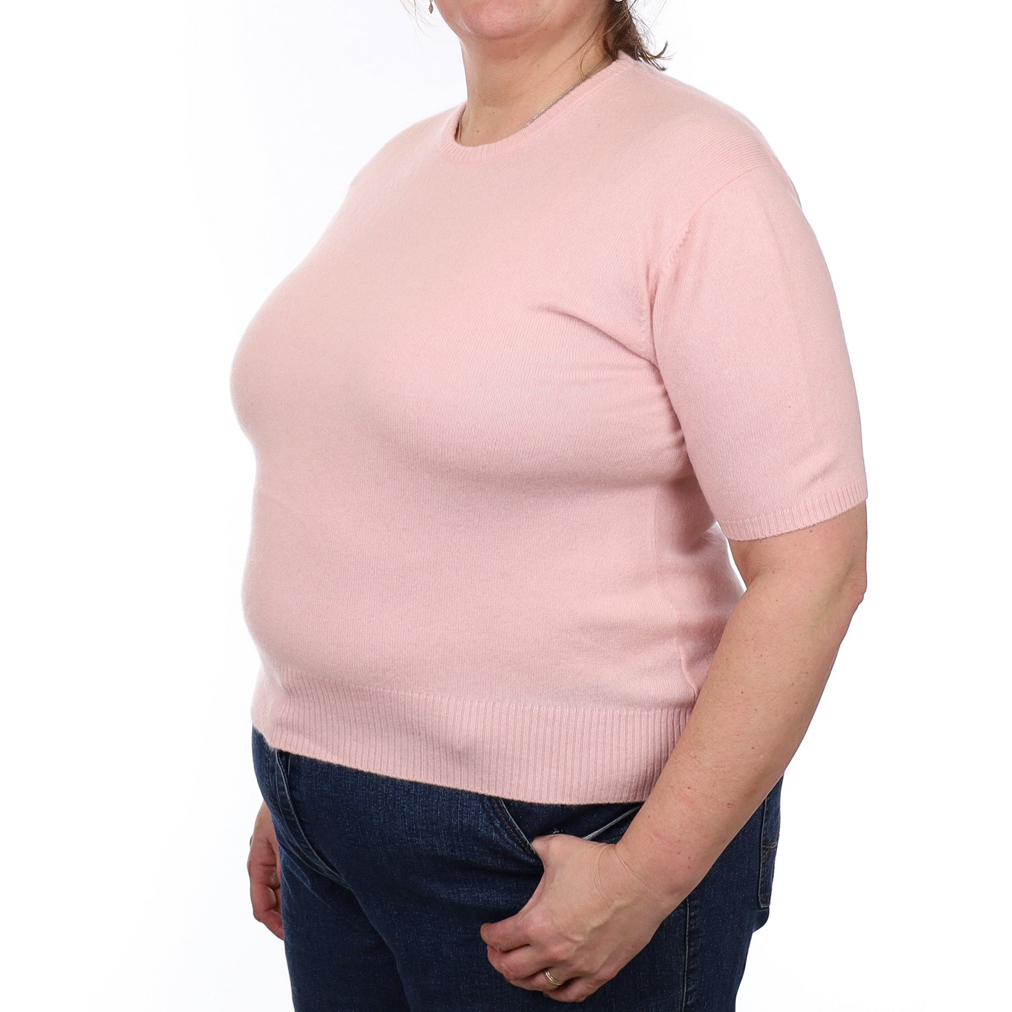 Shell Pink Cashmere Short Sleeved Crew Neck Jumper Extra Large