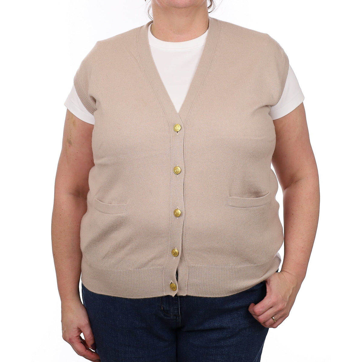 Oatmeal Beige Cashmere V Neck Waistcoat Extra Large