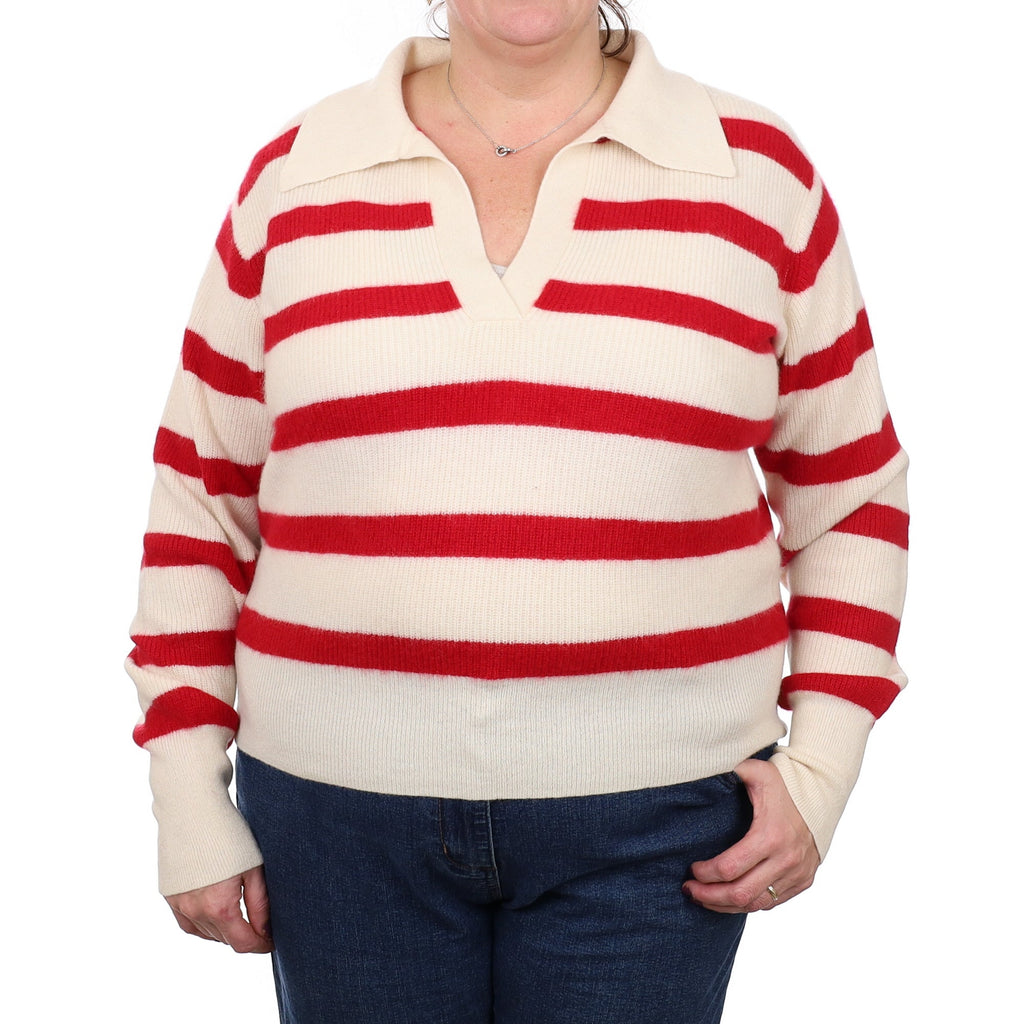 Red and Ivory Striped Cashmere Collared V Neck Jumper Extra Large
