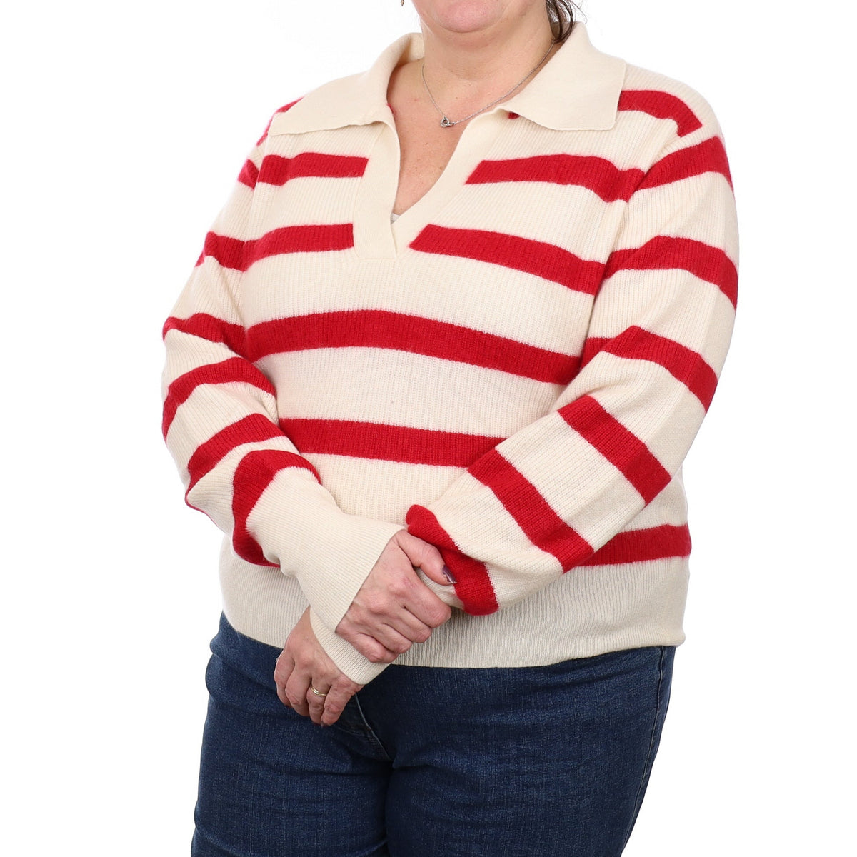 Red and Ivory Striped Cashmere Collared V Neck Jumper Extra Large