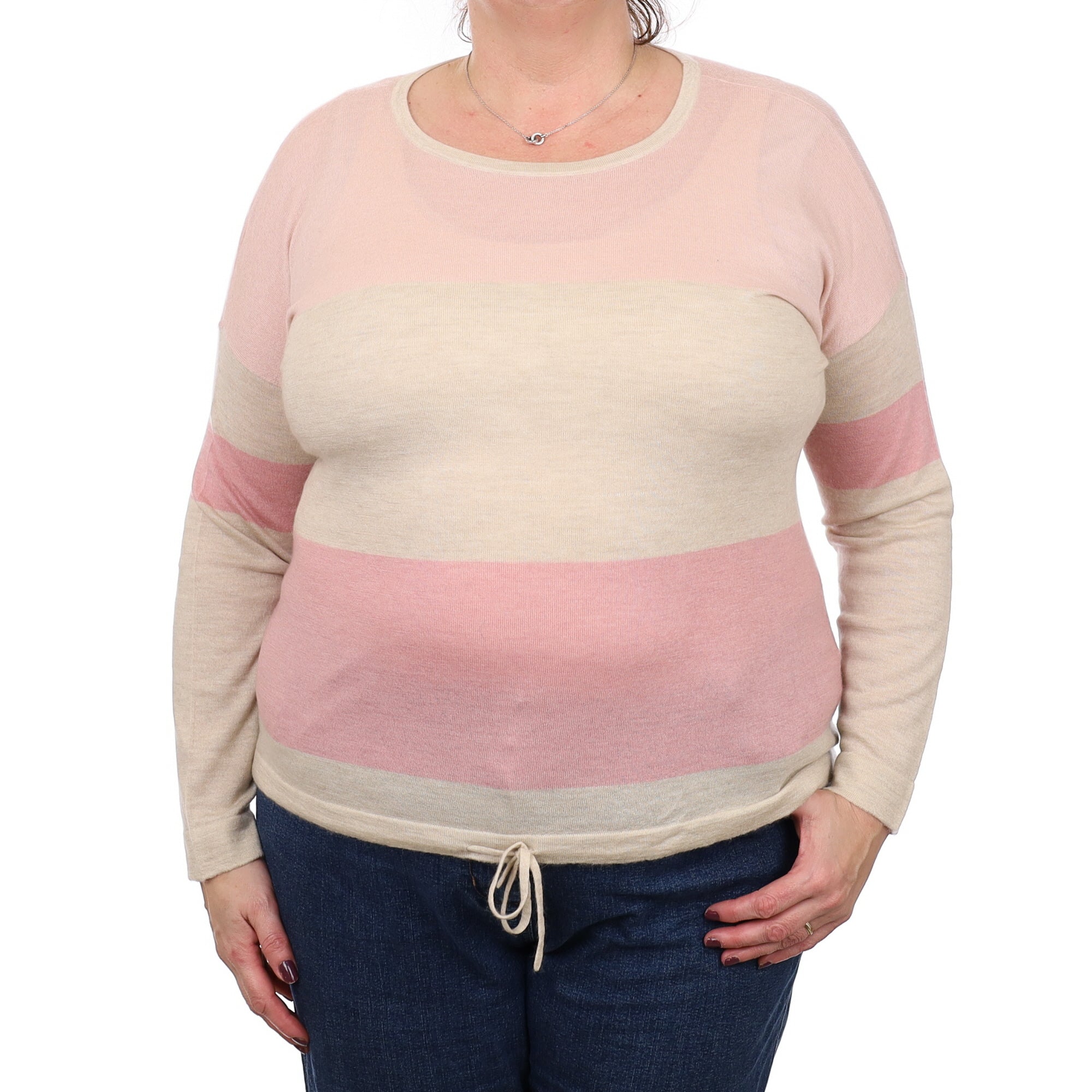 Pink and Oatmeal Fine Knit Cashmere Crew Neck Jumper Extra Large