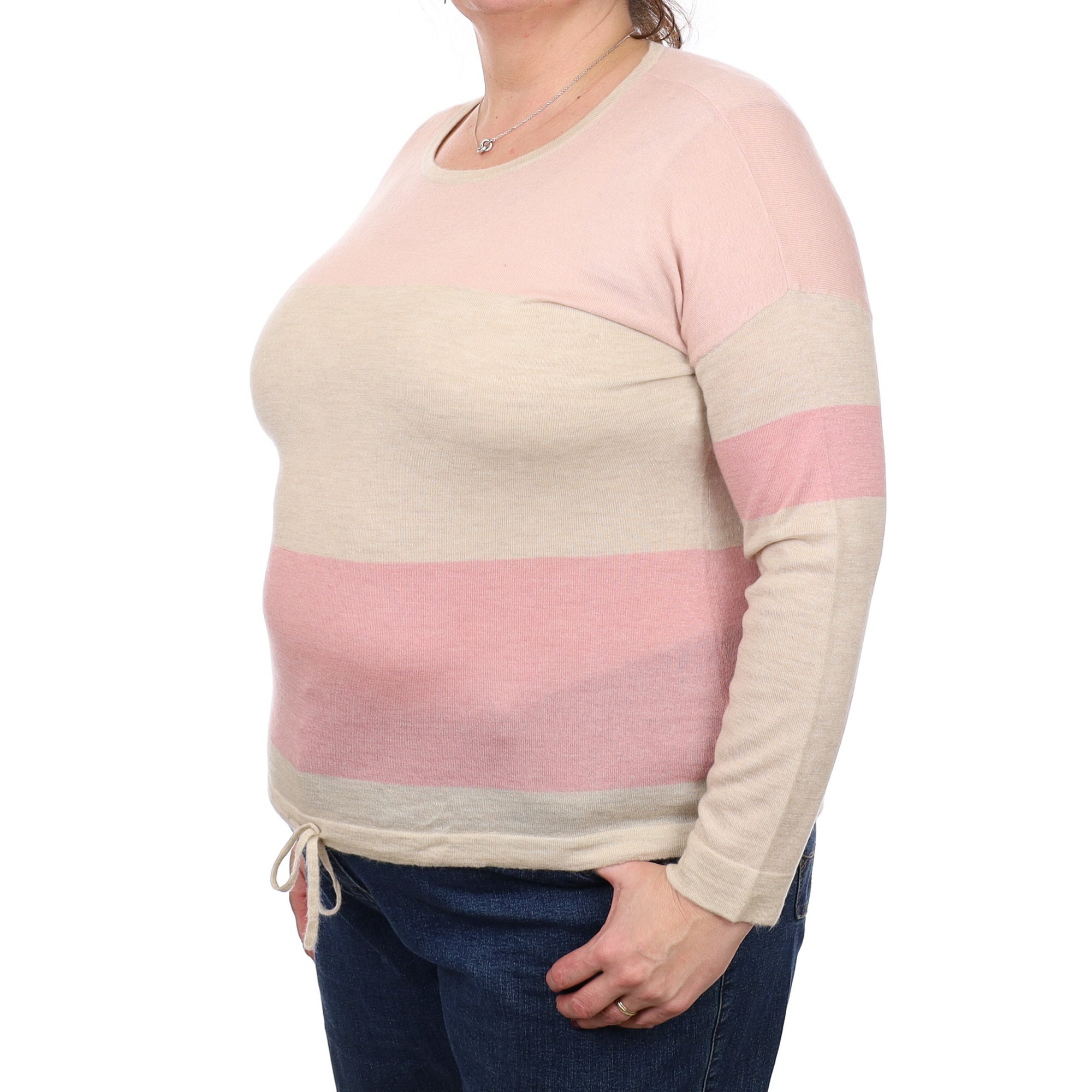 Pink and Oatmeal Fine Knit Cashmere Crew Neck Jumper Extra Large