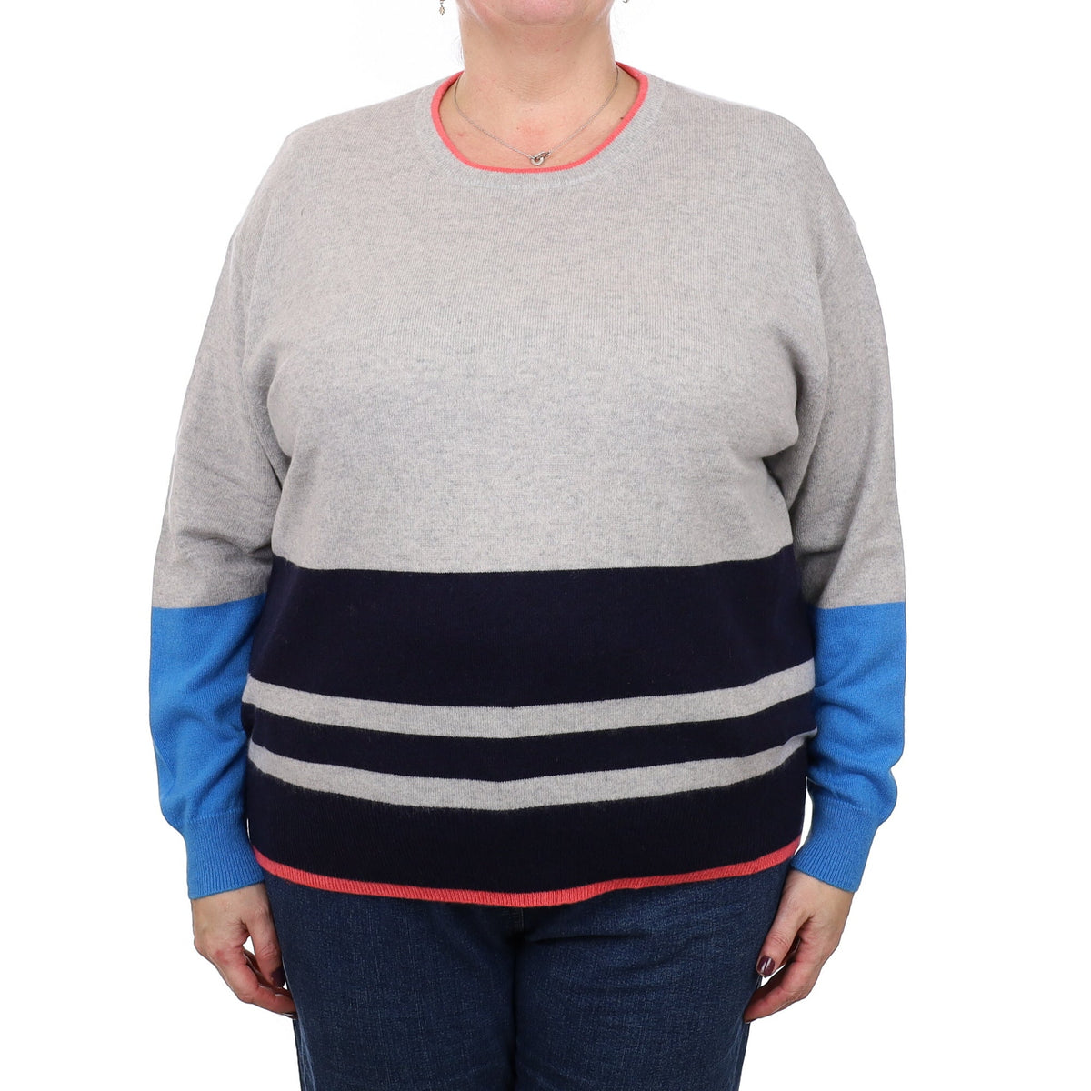 Smoke Grey Striped Cashmere Crew Neck Jumper Extra Extra Large