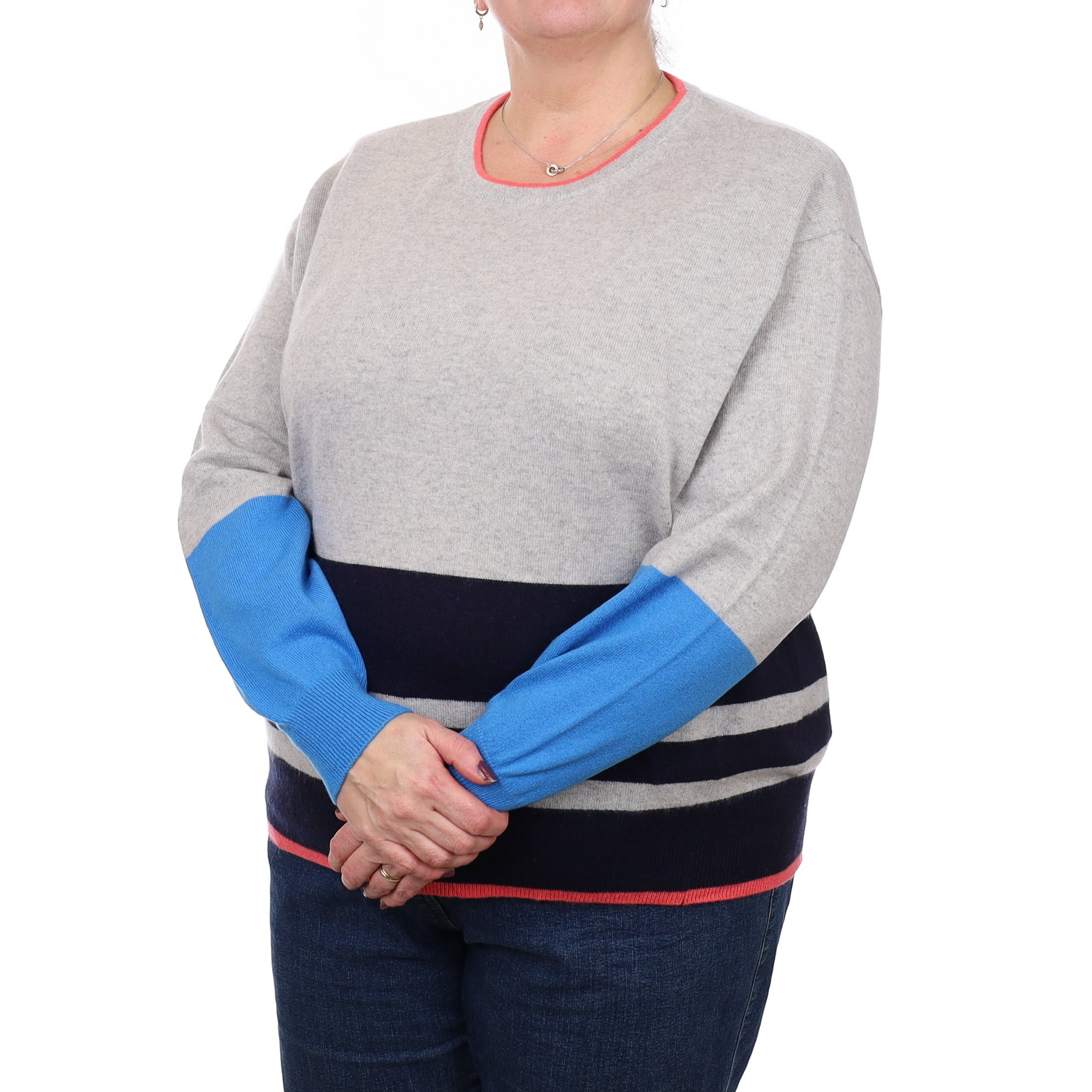 Smoke Grey Striped Cashmere Crew Neck Jumper Extra Extra Large
