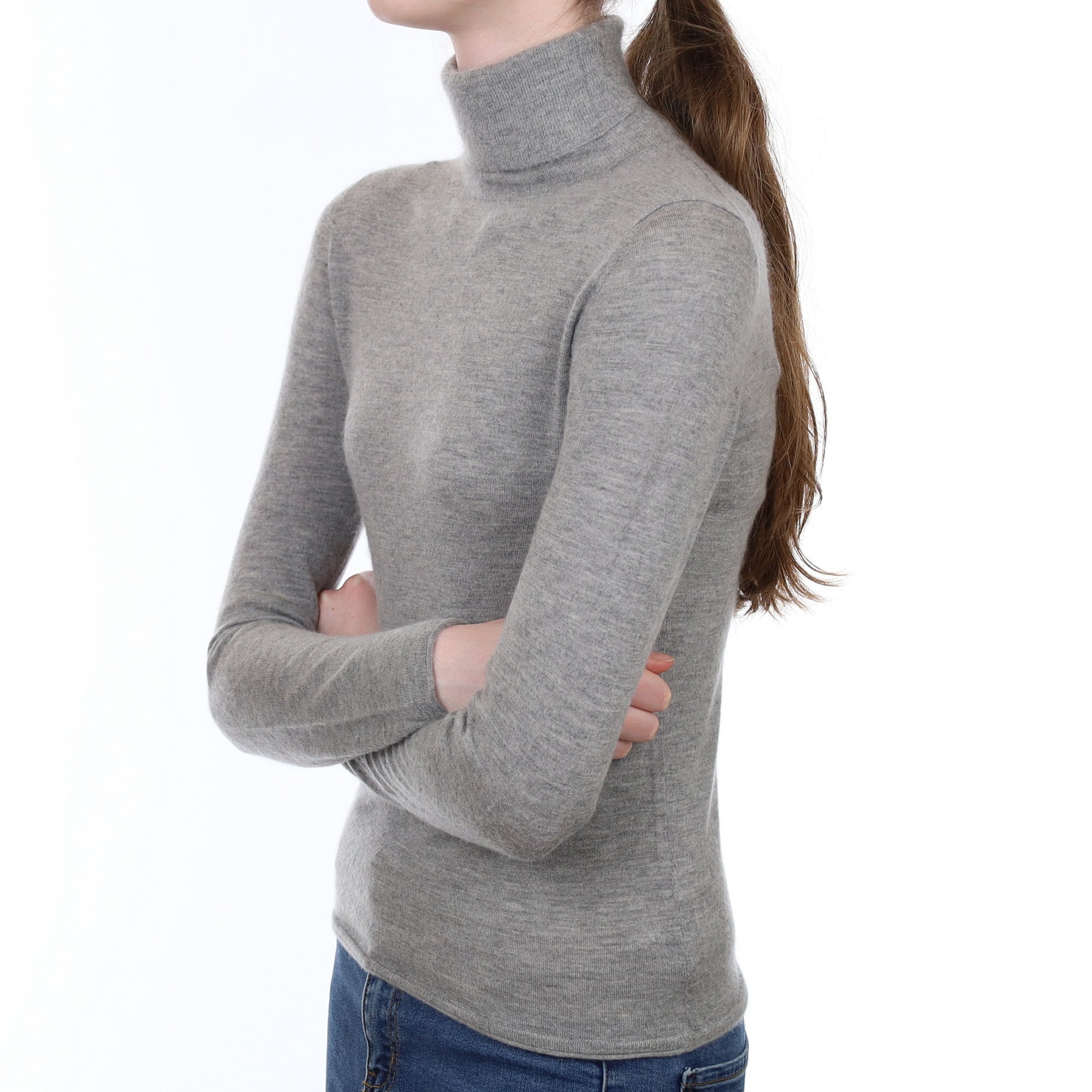 Ash Grey Cashmere Fine Knit Polo Neck Jumper Extra Small