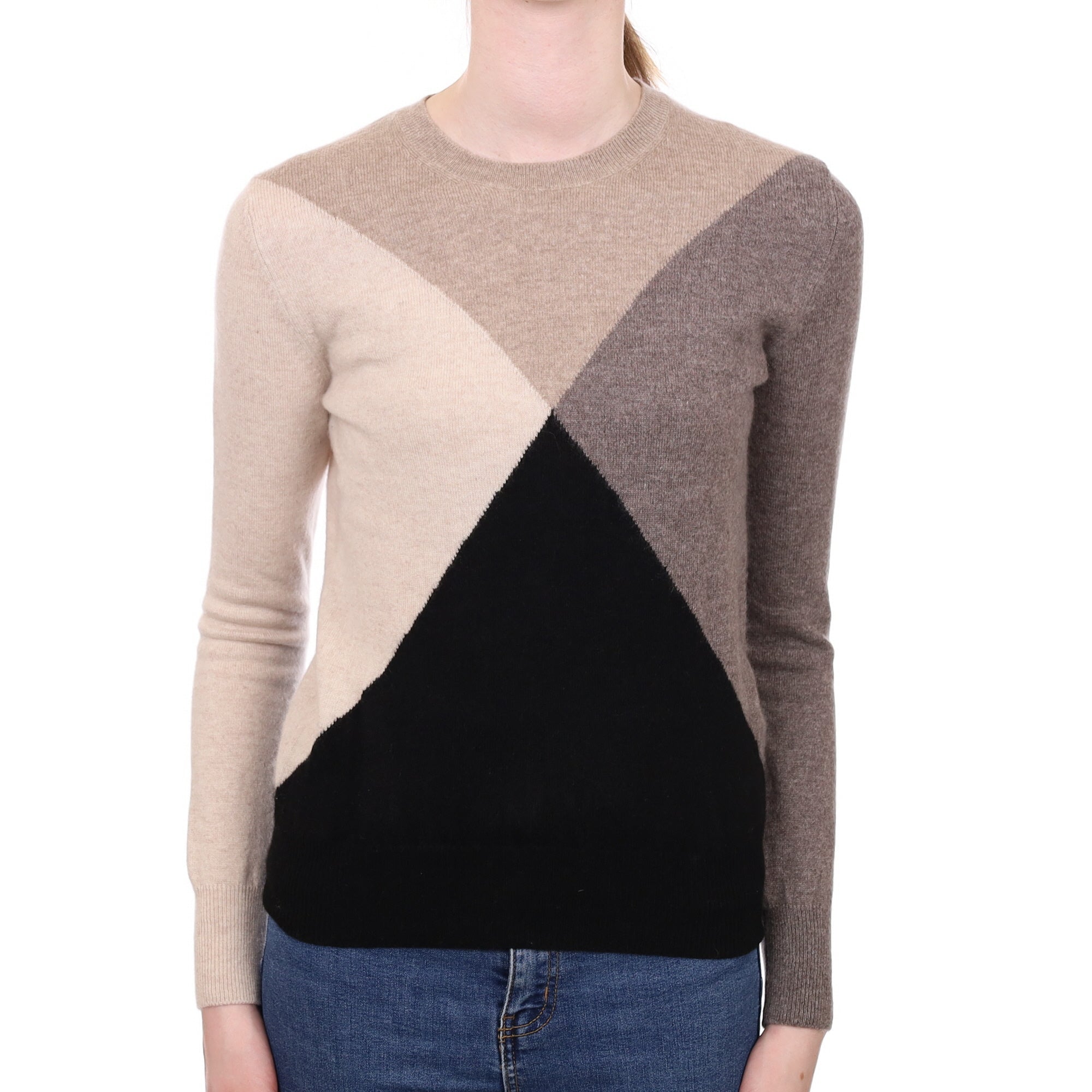 Brown and Black Colour Block Cashmere Crew Neck Jumper Extra Small