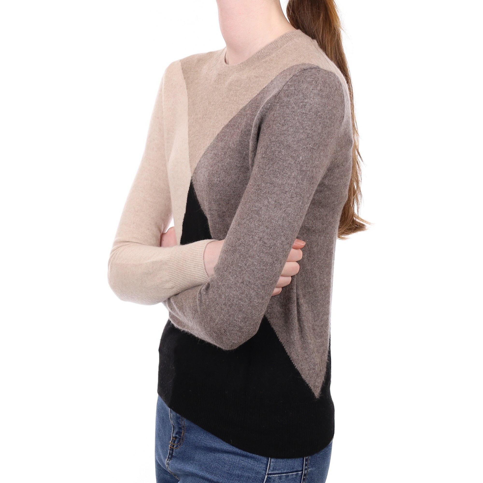 Brown and Black Colour Block Cashmere Crew Neck Jumper Extra Small