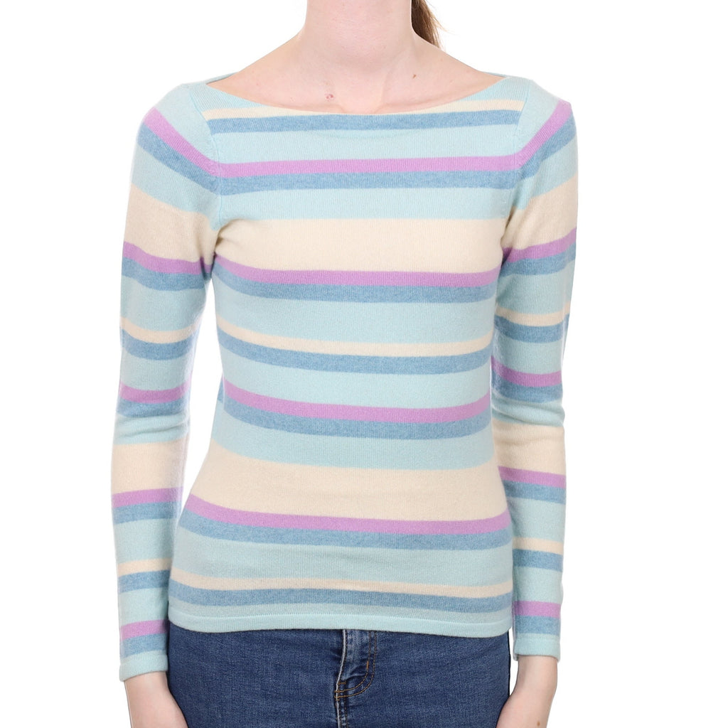 Opal Blue Striped Cashmere Boat Neck Jumper Extra Small